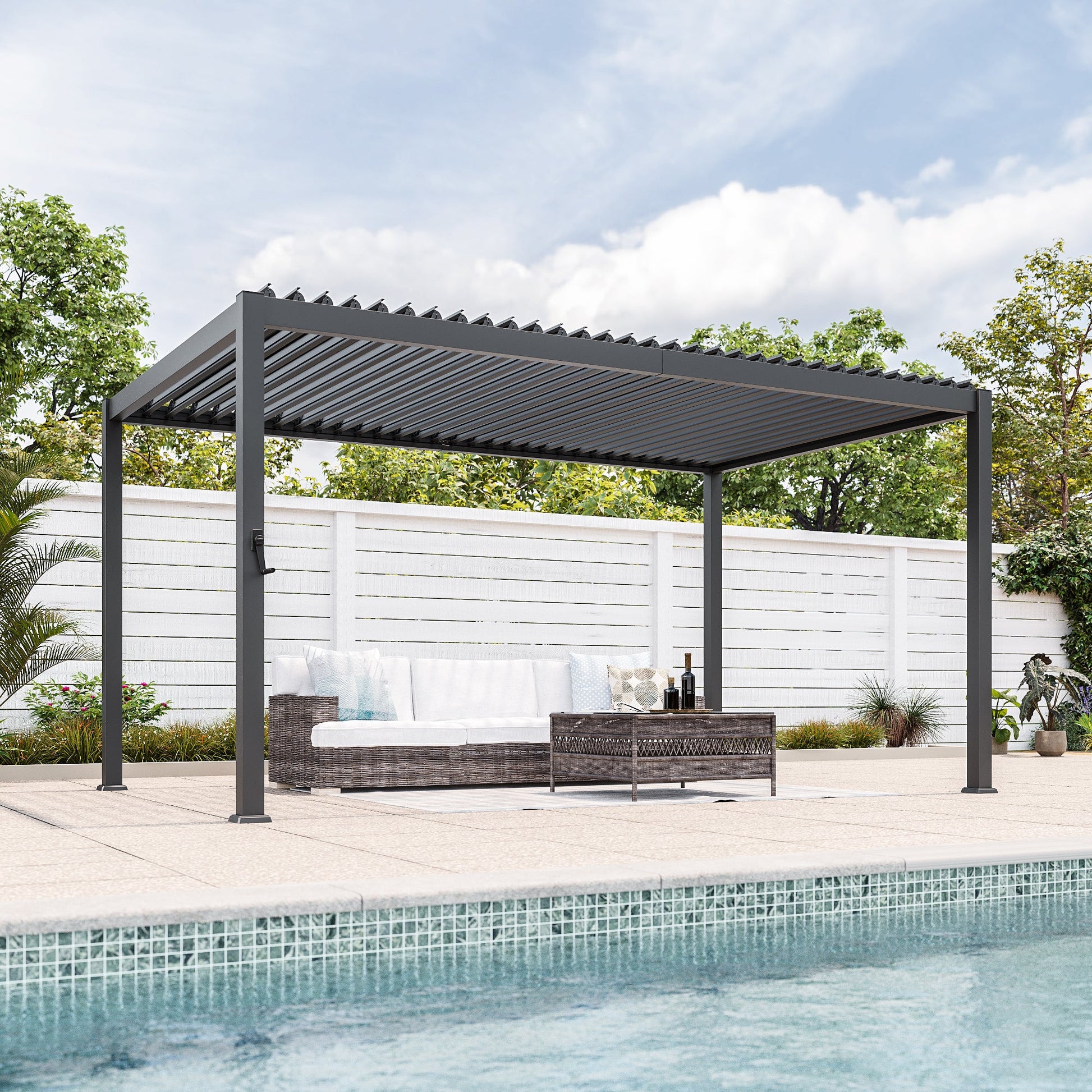 Sonkuki Patio Louvered Pergola 9x14Ft, Outdoor Metal Pergola with Adjustable Roof and Integrated Drainage System, Easy Assembly Patio Pergola for Patio, Deck, Porch, Yard - Sonkuki