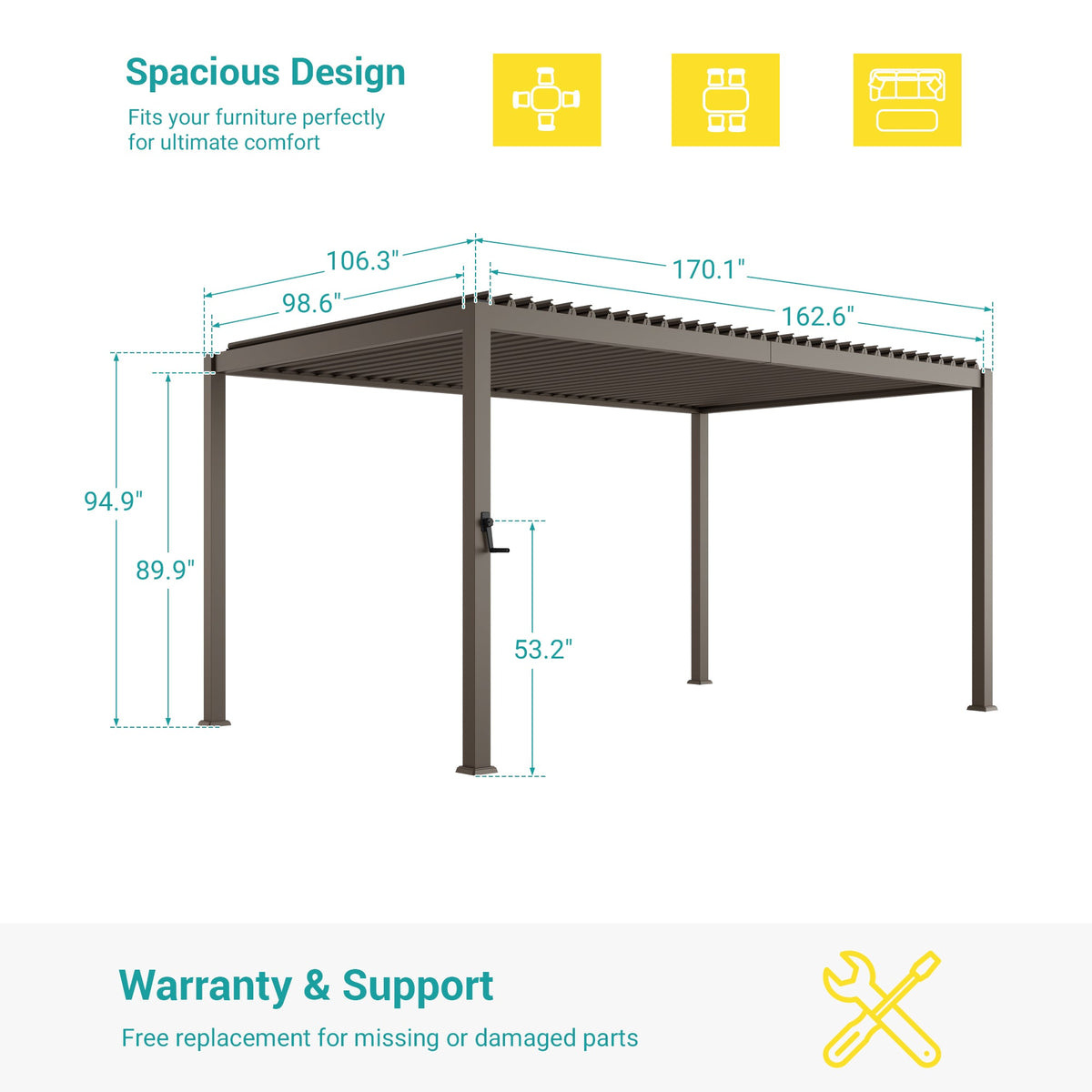 Sonkuki Patio Louvered Pergola 9x14Ft, Outdoor Metal Pergola with Adjustable Roof and Integrated Drainage System, Easy Assembly Patio Pergola for Patio, Deck, Porch, Yard - Sonkuki