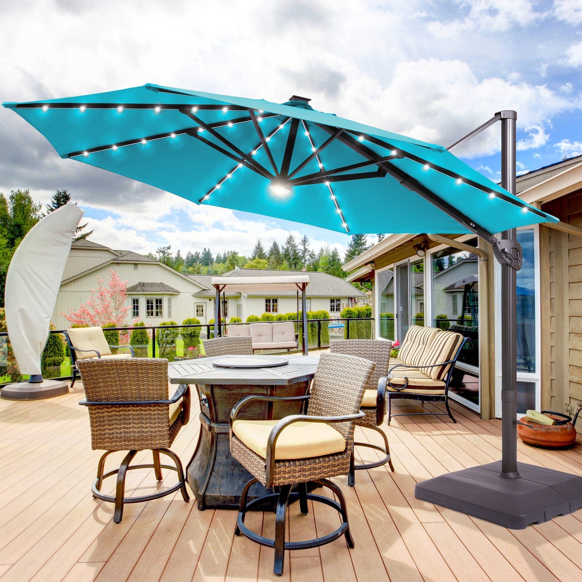 Sonkuki Premium 11FT LED Cantilever Patio Umbrella – Ultimate Outdoor Comfort with 360° Rotation and Infinite Canopy Angle Adjustment - Sonkuki