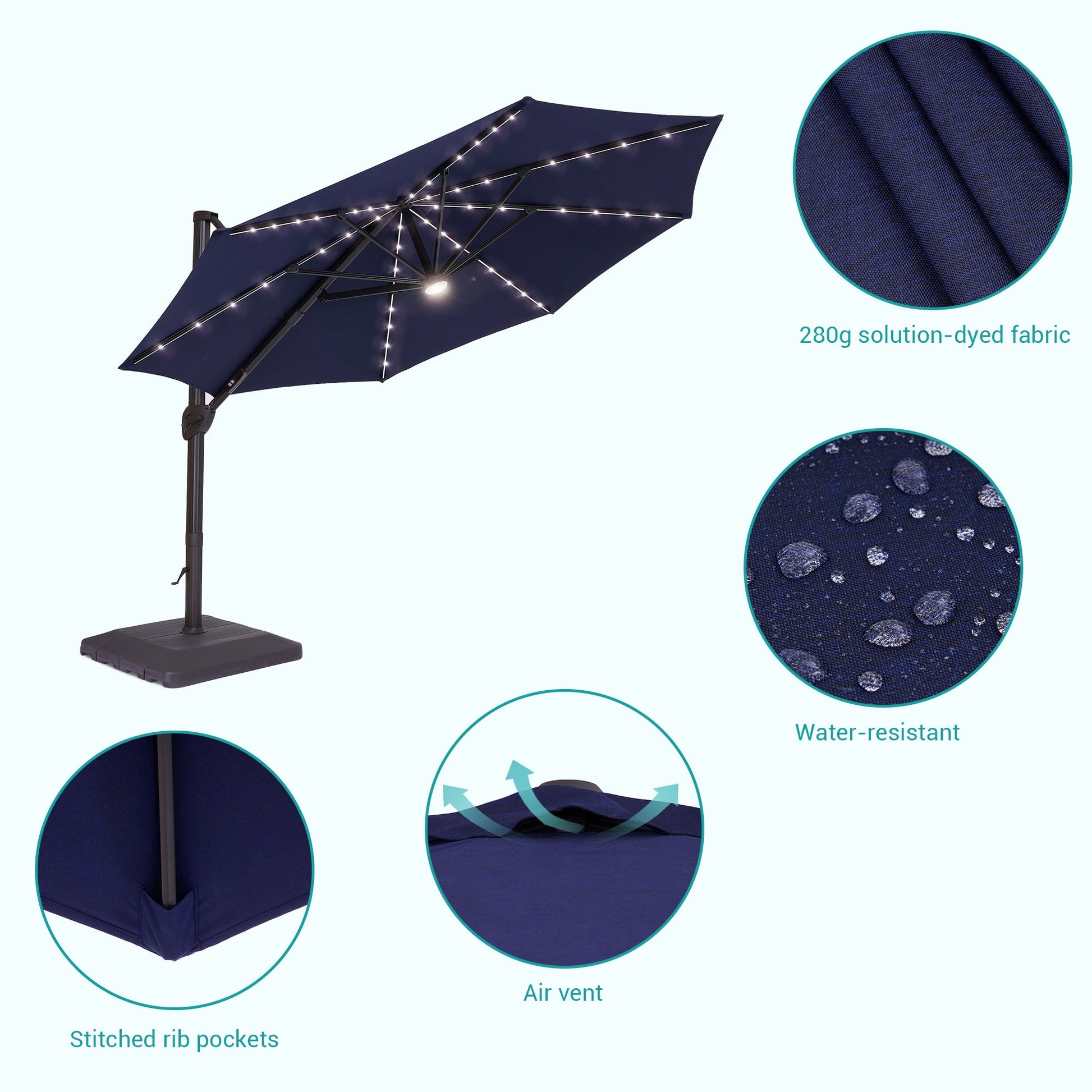 Sonkuki Premium 11FT LED Cantilever Patio Umbrella – Ultimate Outdoor Comfort with 360° Rotation and Infinite Canopy Angle Adjustment - Sonkuki