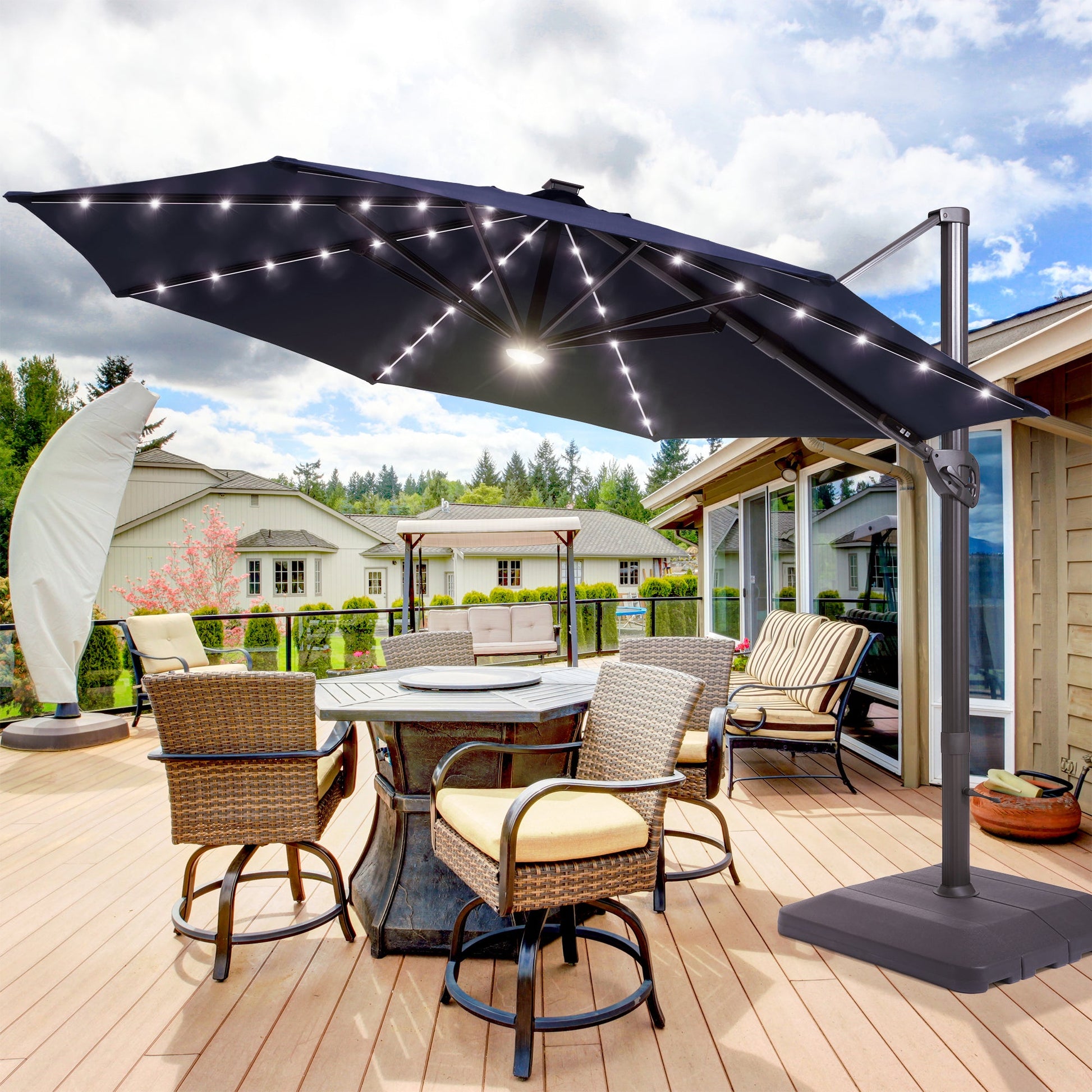 Sonkuki Premium 11FT LED Cantilever Patio Umbrella – Ultimate Outdoor Comfort with 360° Rotation and Infinite Canopy Angle Adjustment - Sonkuki