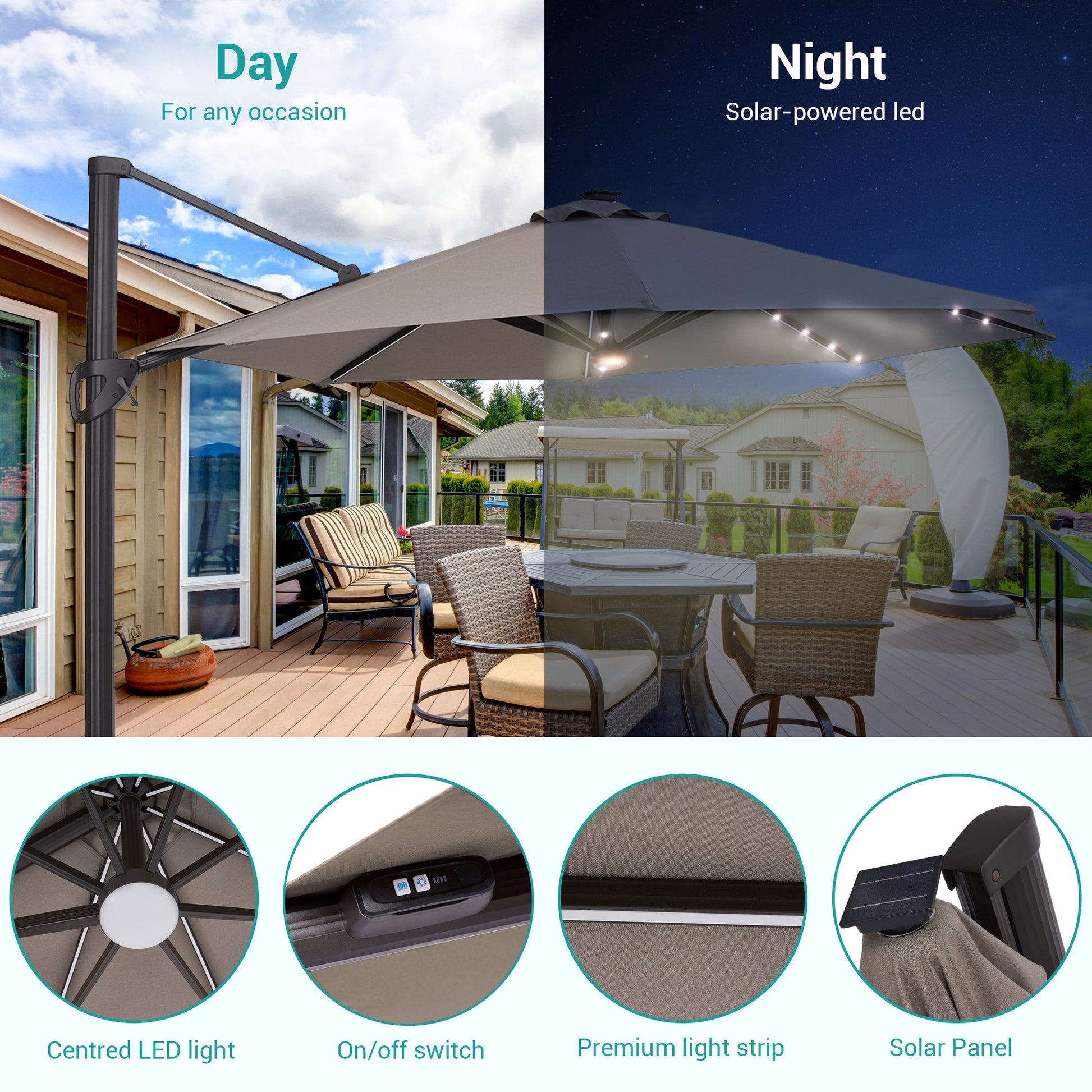 Sonkuki Premium 11FT LED Cantilever Patio Umbrella – Ultimate Outdoor Comfort with 360° Rotation and Infinite Canopy Angle Adjustment - Sonkuki