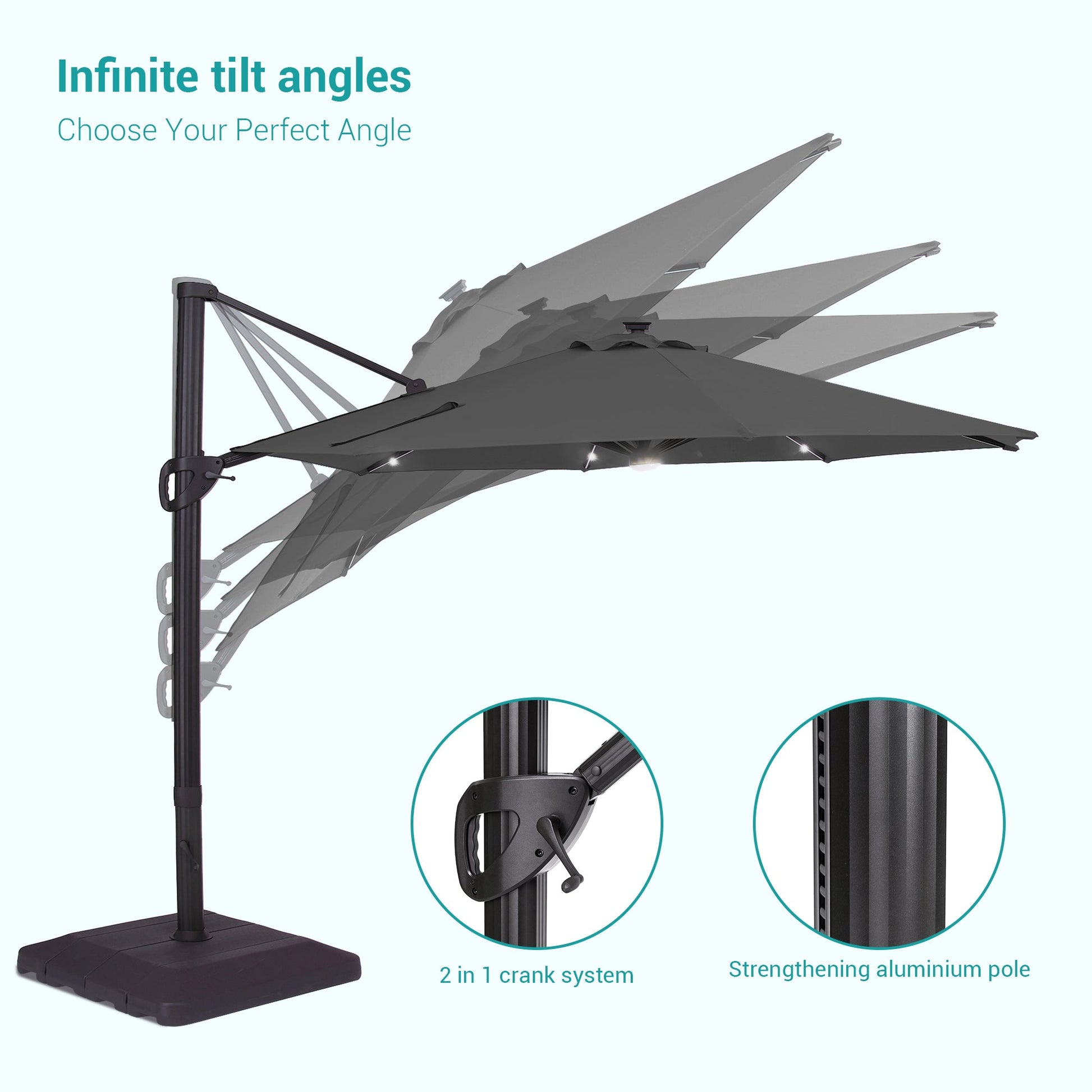 Sonkuki Premium 11FT LED Cantilever Patio Umbrella – Ultimate Outdoor Comfort with 360° Rotation and Infinite Canopy Angle Adjustment - Sonkuki