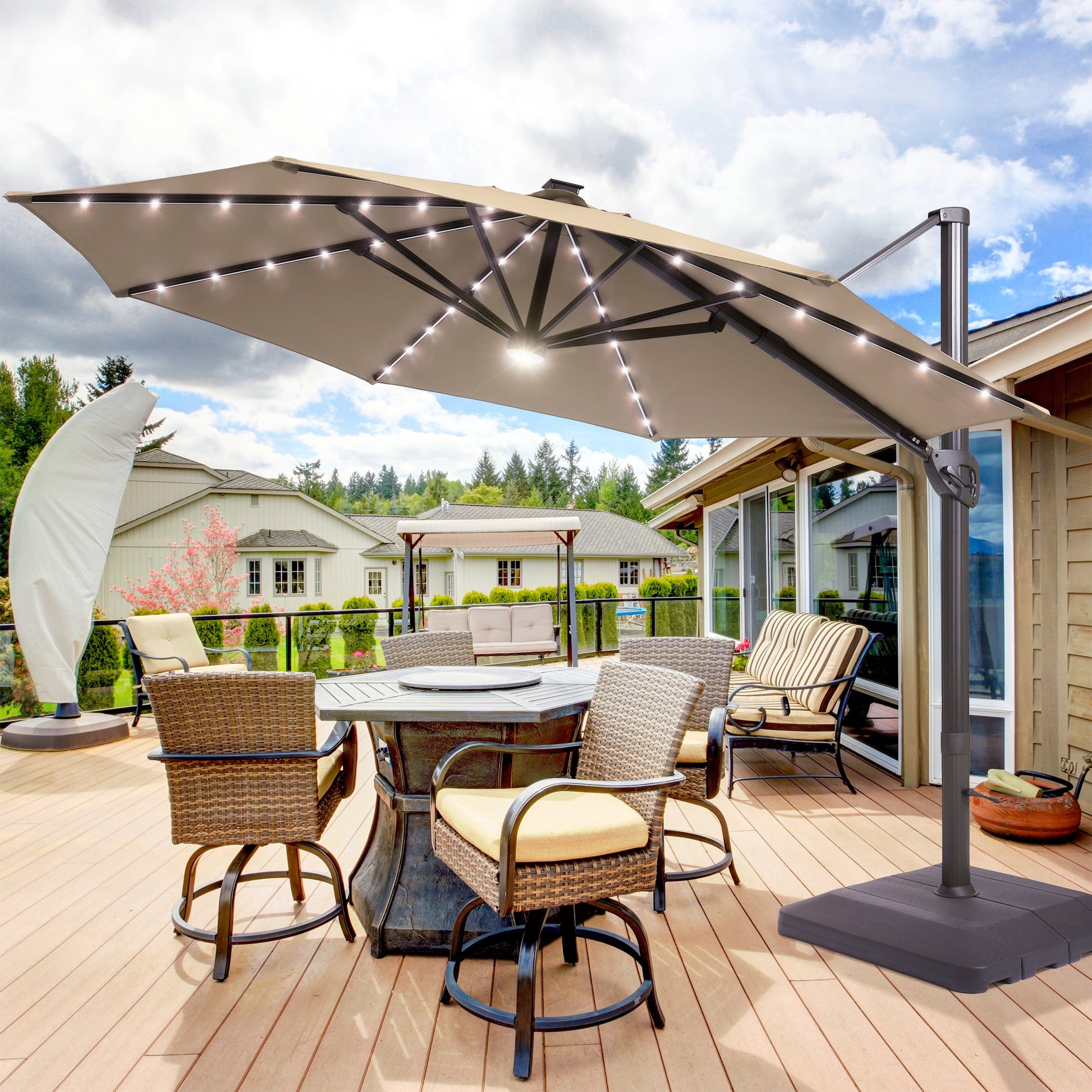 Sonkuki Premium 11FT LED Cantilever Patio Umbrella – Ultimate Outdoor Comfort with 360° Rotation and Infinite Canopy Angle Adjustment - Sonkuki