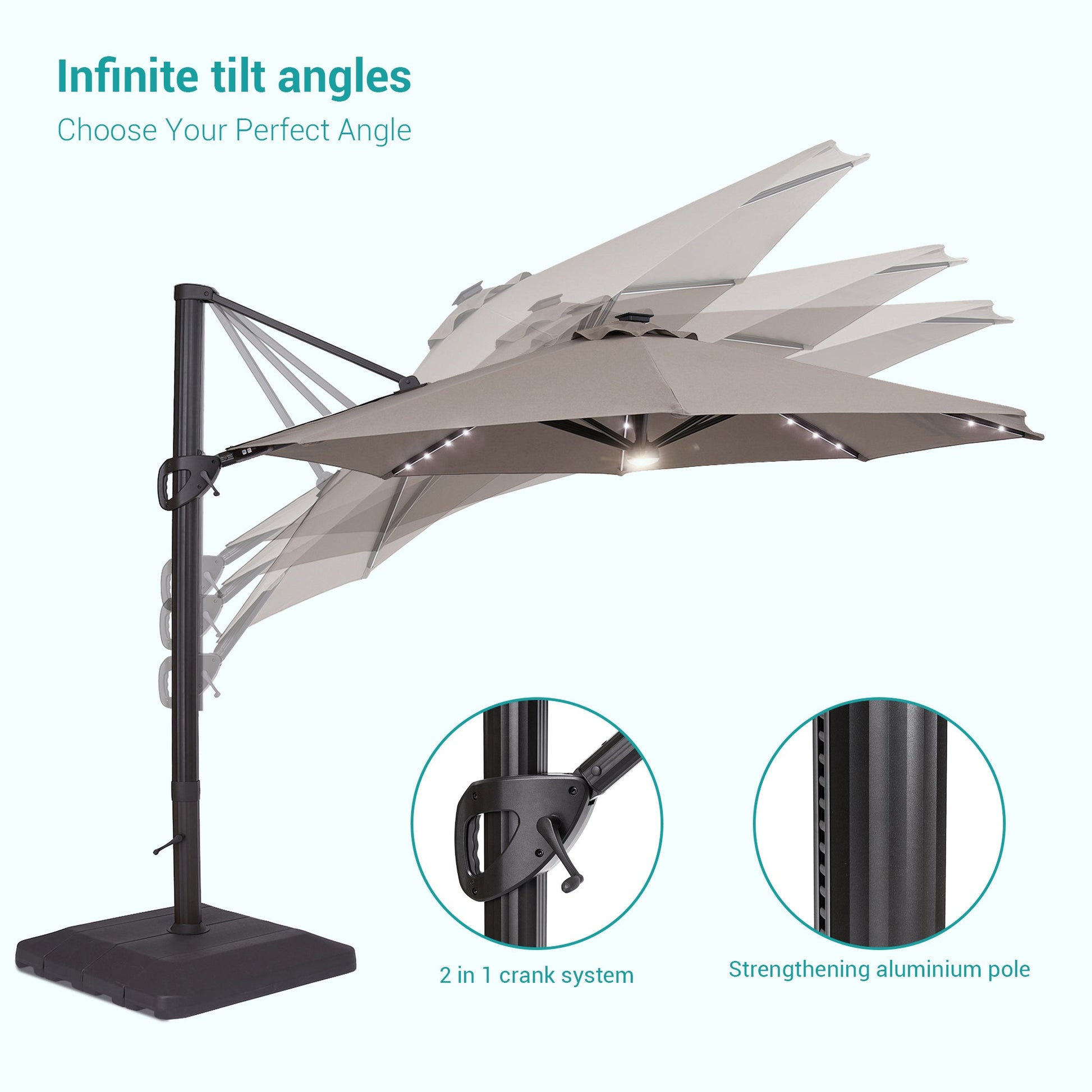 Sonkuki Premium 11FT LED Cantilever Patio Umbrella – Ultimate Outdoor Comfort with 360° Rotation and Infinite Canopy Angle Adjustment - Sonkuki