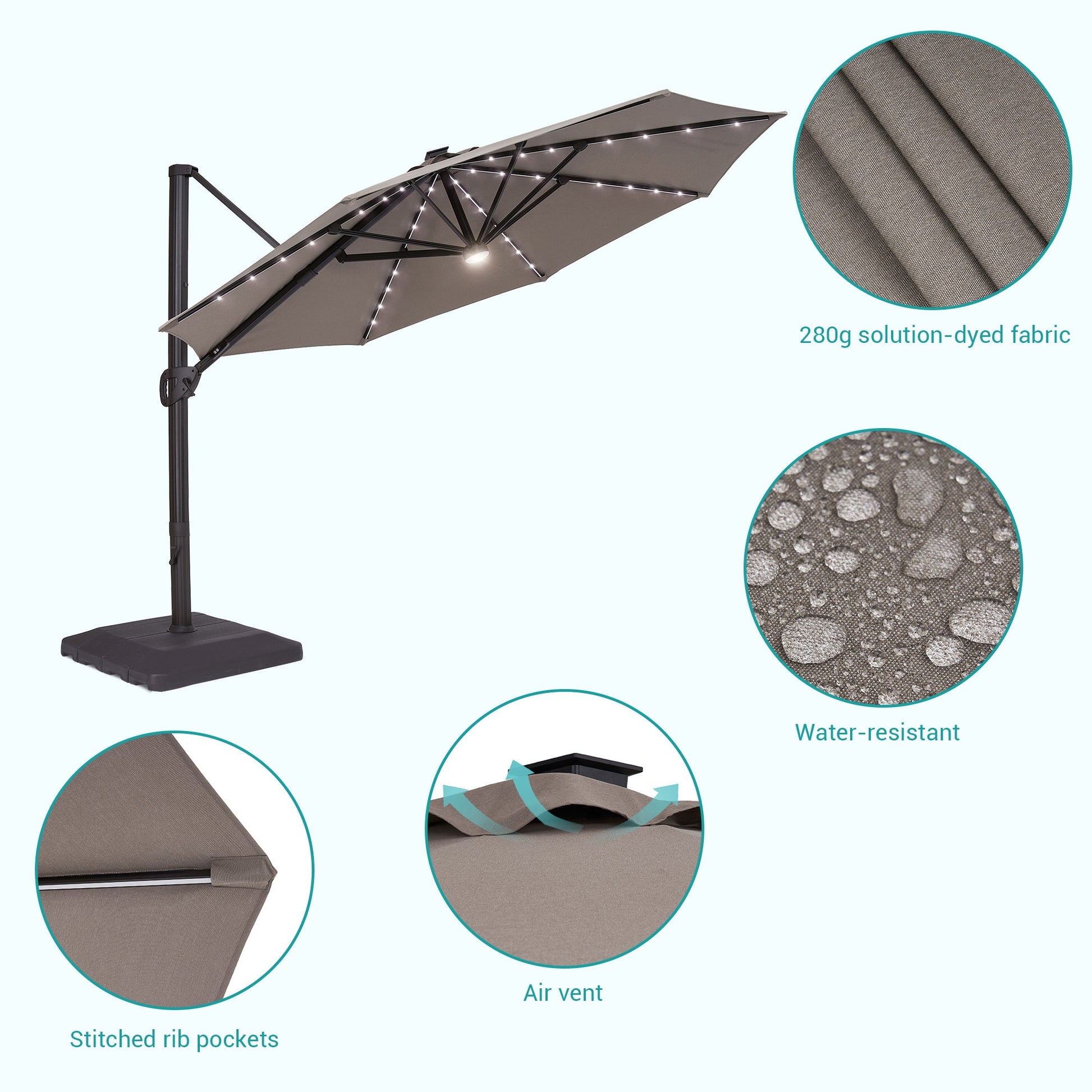 Sonkuki Premium 11FT LED Cantilever Patio Umbrella – Ultimate Outdoor Comfort with 360° Rotation and Infinite Canopy Angle Adjustment - Sonkuki
