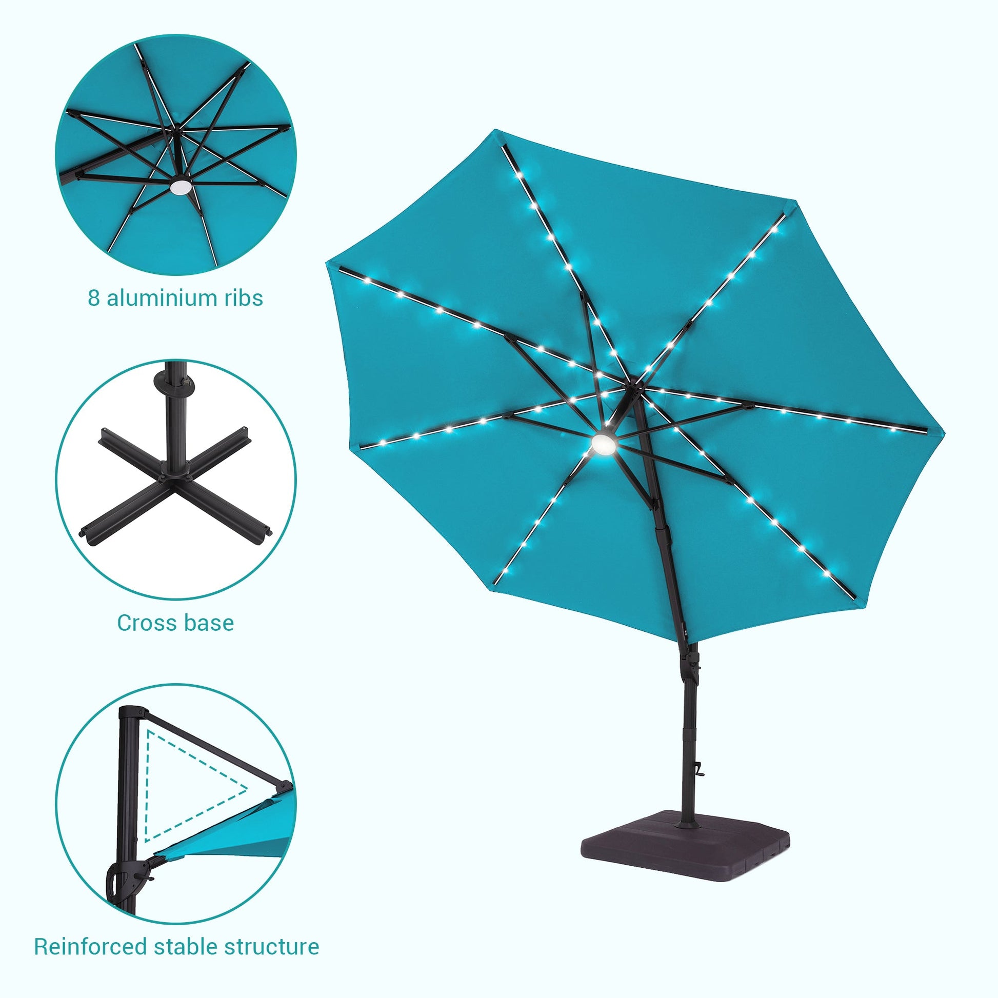 Sonkuki Premium 11FT LED Cantilever Patio Umbrella – Ultimate Outdoor Comfort with 360° Rotation and Infinite Canopy Angle Adjustment - Sonkuki