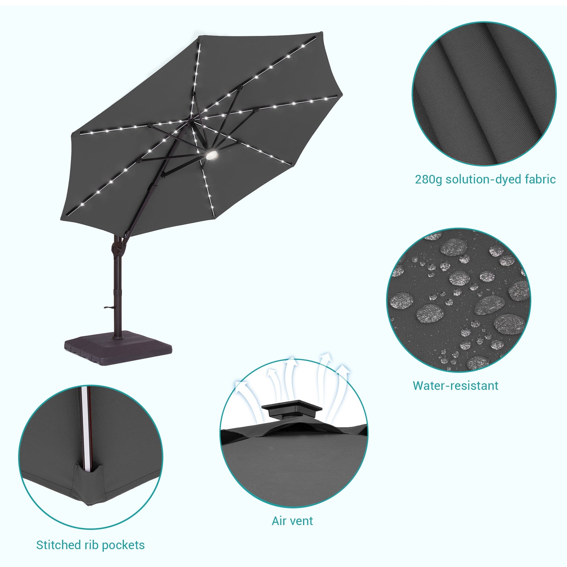 Sonkuki Premium 11FT LED Cantilever Patio Umbrella – Ultimate Outdoor Comfort with 360° Rotation and Infinite Canopy Angle Adjustment - Sonkuki