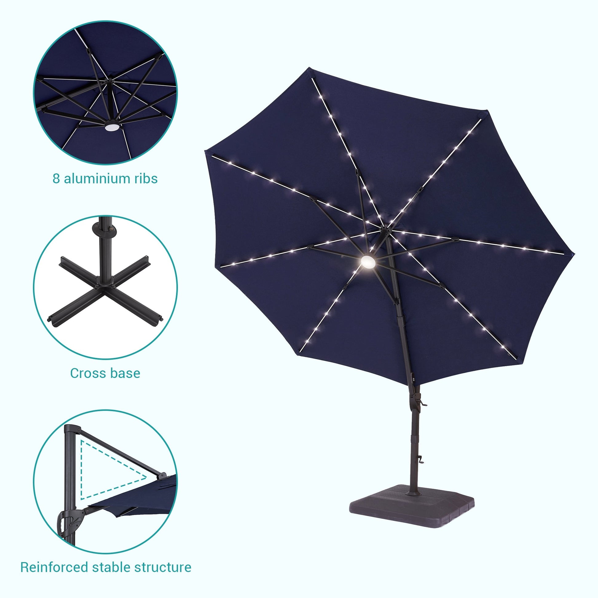 Sonkuki Premium 11FT LED Cantilever Patio Umbrella – Ultimate Outdoor Comfort with 360° Rotation and Infinite Canopy Angle Adjustment - Sonkuki
