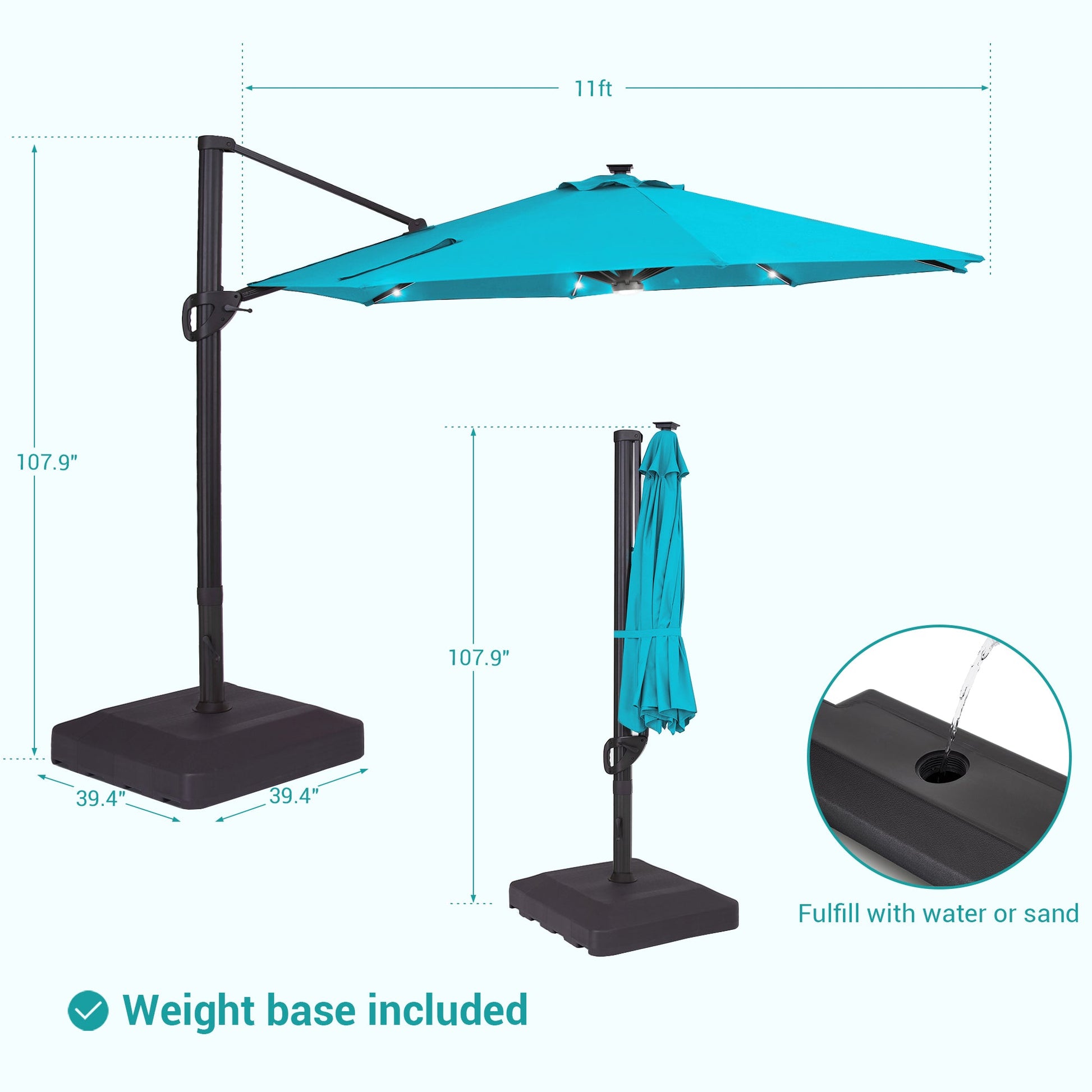 Sonkuki Premium 11FT LED Cantilever Patio Umbrella – Ultimate Outdoor Comfort with 360° Rotation and Infinite Canopy Angle Adjustment - Sonkuki