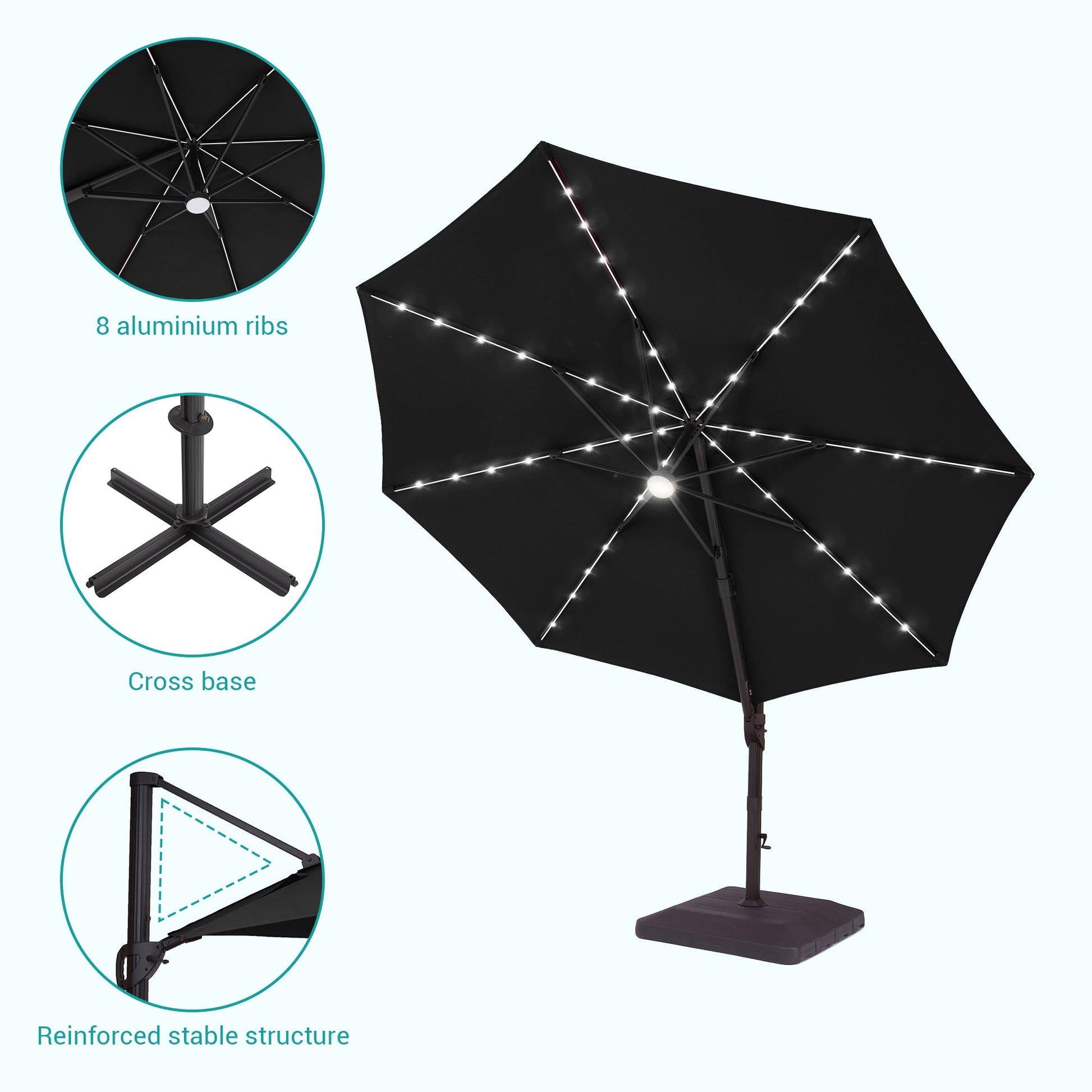 Sonkuki Premium 11FT LED Cantilever Patio Umbrella – Ultimate Outdoor Comfort with 360° Rotation and Infinite Canopy Angle Adjustment - Sonkuki