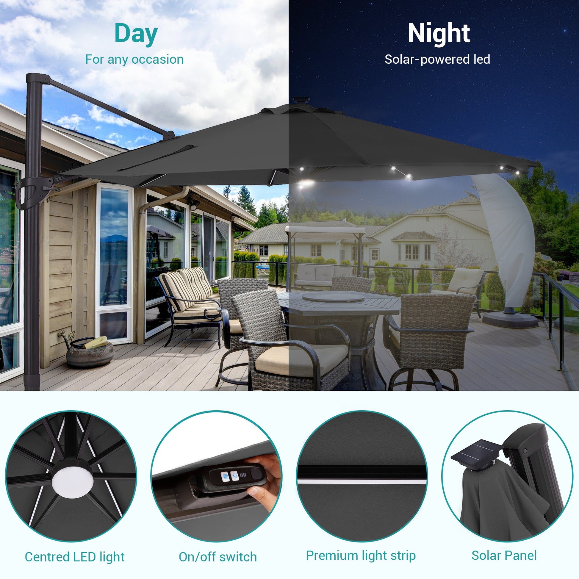 Sonkuki Premium 11FT LED Cantilever Patio Umbrella – Ultimate Outdoor Comfort with 360° Rotation and Infinite Canopy Angle Adjustment - Sonkuki