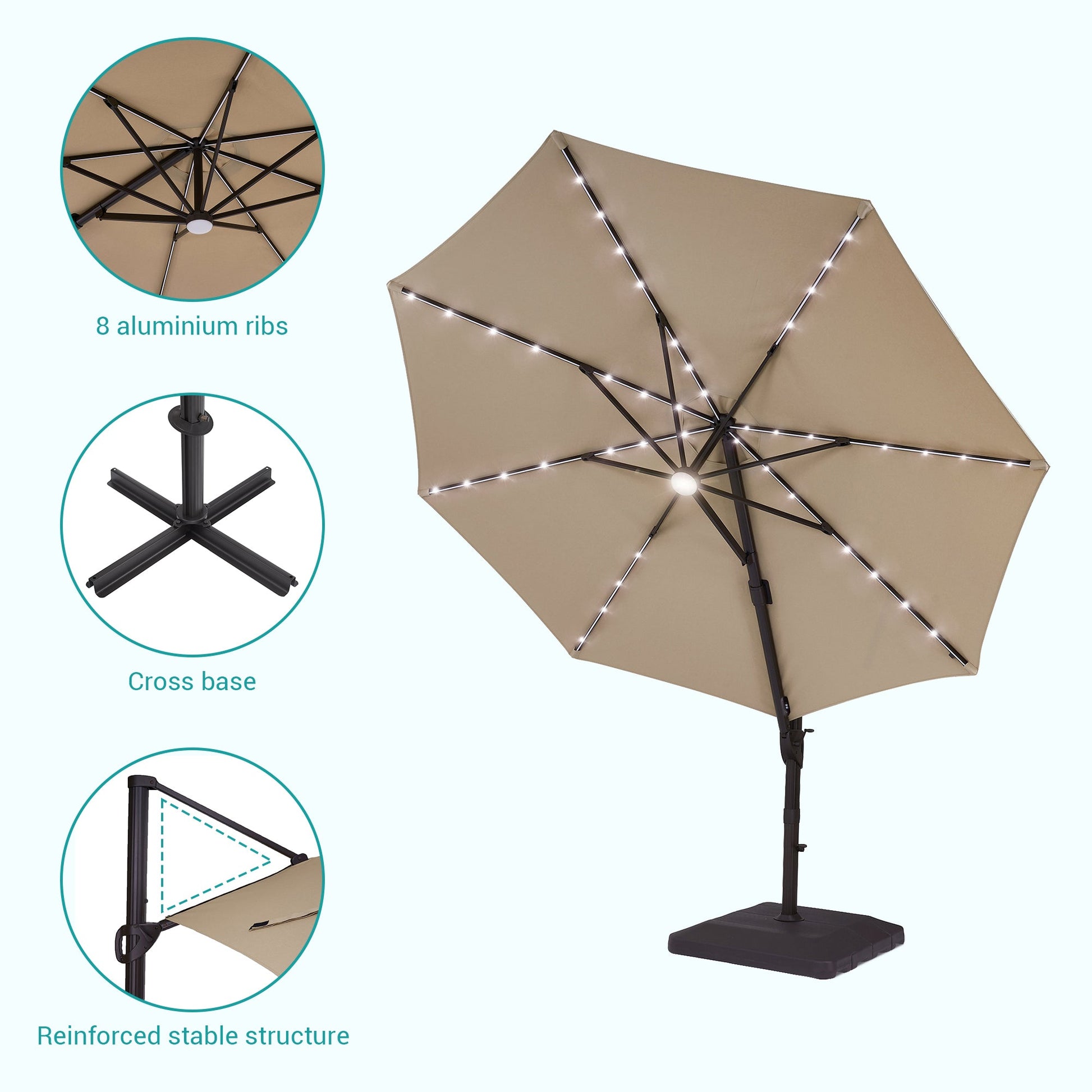 Sonkuki Premium 11FT LED Cantilever Patio Umbrella – Ultimate Outdoor Comfort with 360° Rotation and Infinite Canopy Angle Adjustment - Sonkuki