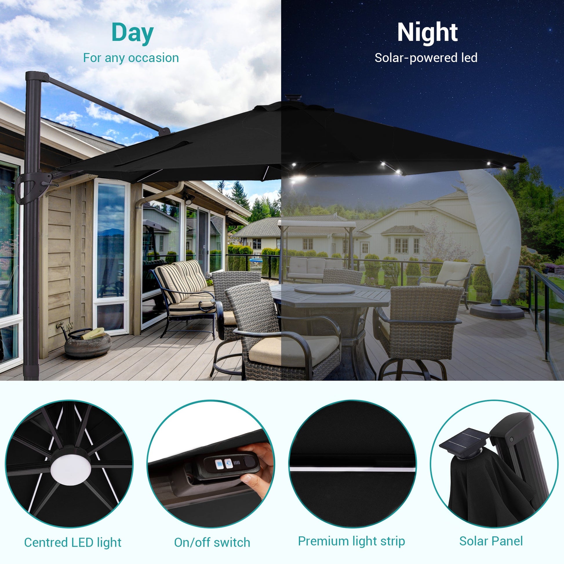 Sonkuki Premium 11FT LED Cantilever Patio Umbrella – Ultimate Outdoor Comfort with 360° Rotation and Infinite Canopy Angle Adjustment - Sonkuki