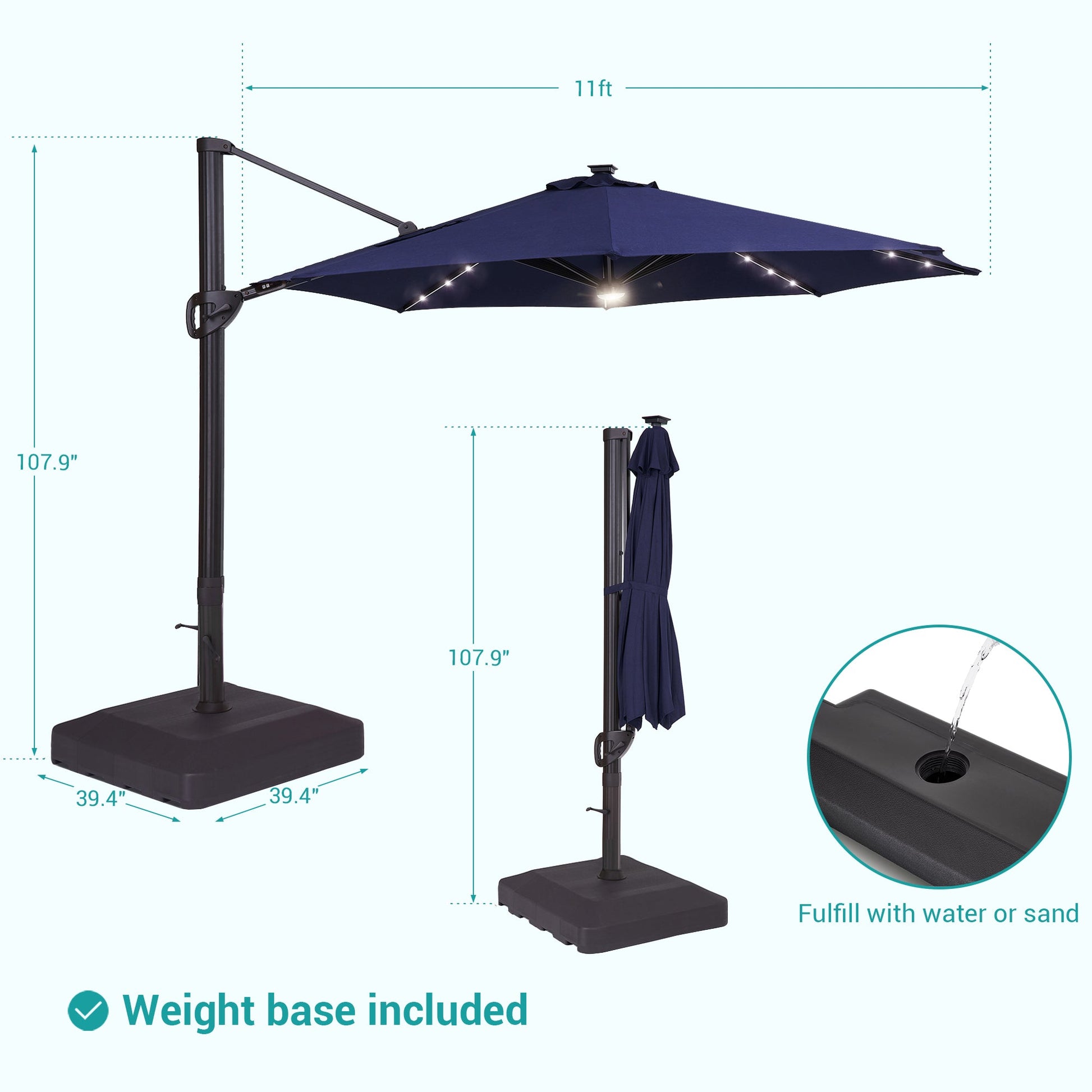 Sonkuki Premium 11FT LED Cantilever Patio Umbrella – Ultimate Outdoor Comfort with 360° Rotation and Infinite Canopy Angle Adjustment - Sonkuki