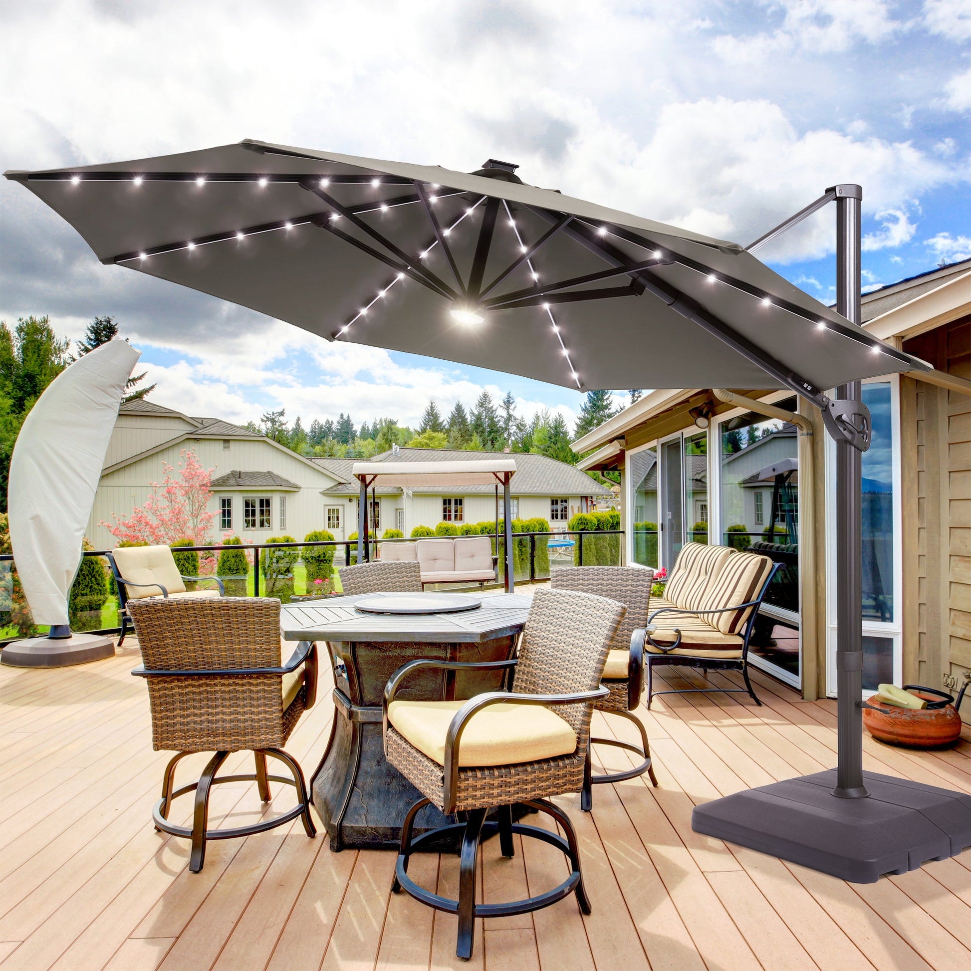 Sonkuki Premium 11FT LED Cantilever Patio Umbrella – Ultimate Outdoor Comfort with 360° Rotation and Infinite Canopy Angle Adjustment - Sonkuki