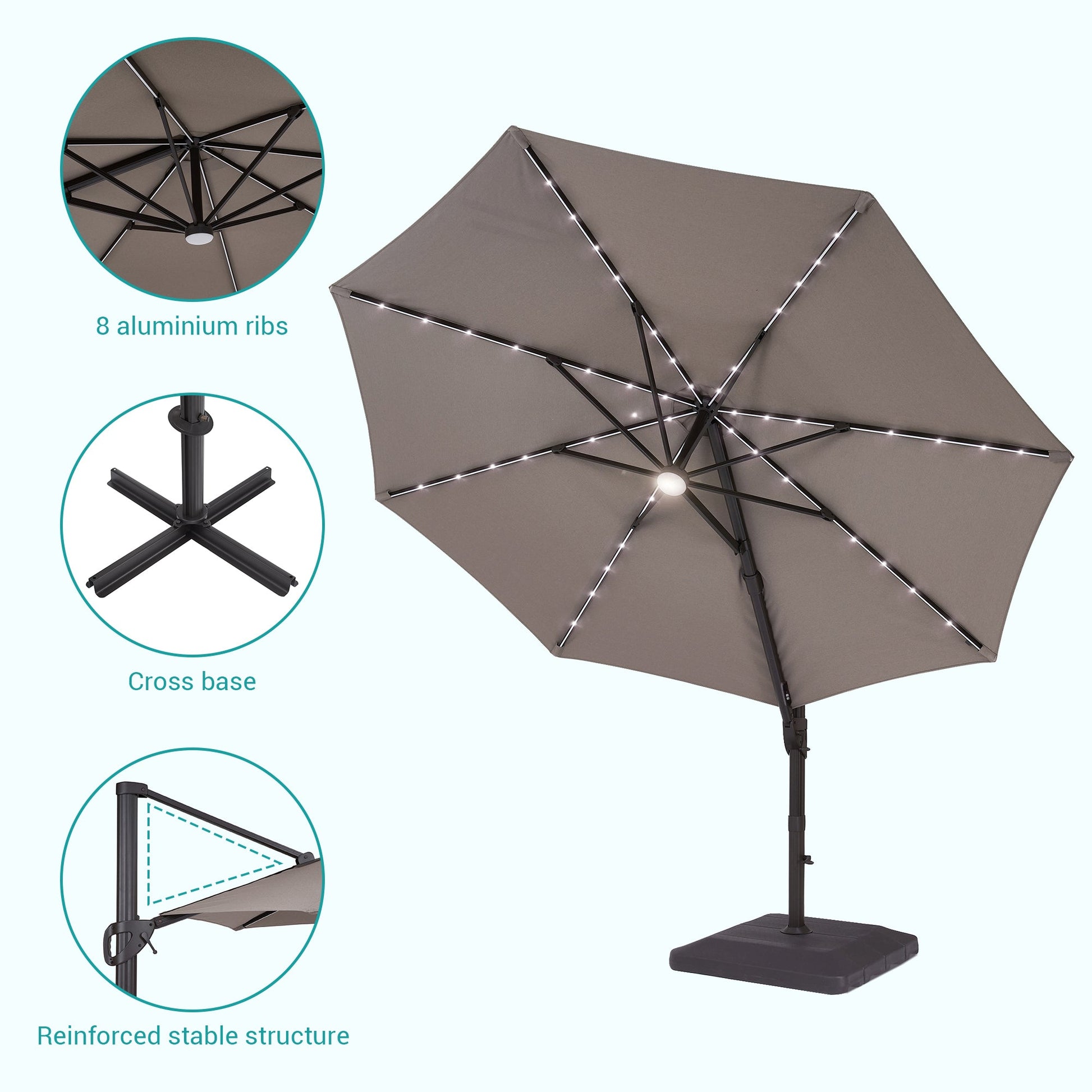 Sonkuki Premium 11FT LED Cantilever Patio Umbrella – Ultimate Outdoor Comfort with 360° Rotation and Infinite Canopy Angle Adjustment - Sonkuki