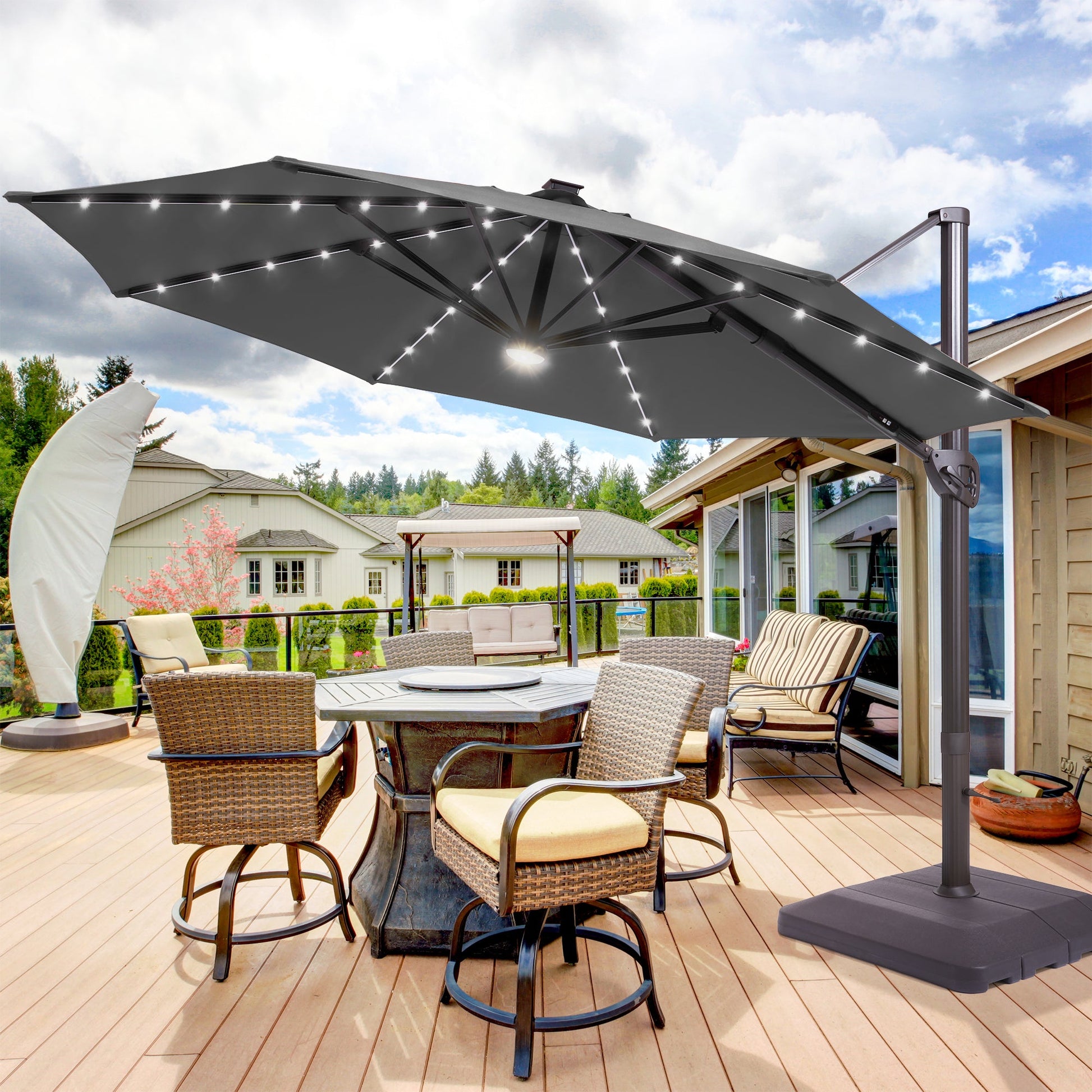 Sonkuki Premium 11FT LED Cantilever Patio Umbrella – Ultimate Outdoor Comfort with 360° Rotation and Infinite Canopy Angle Adjustment - Sonkuki