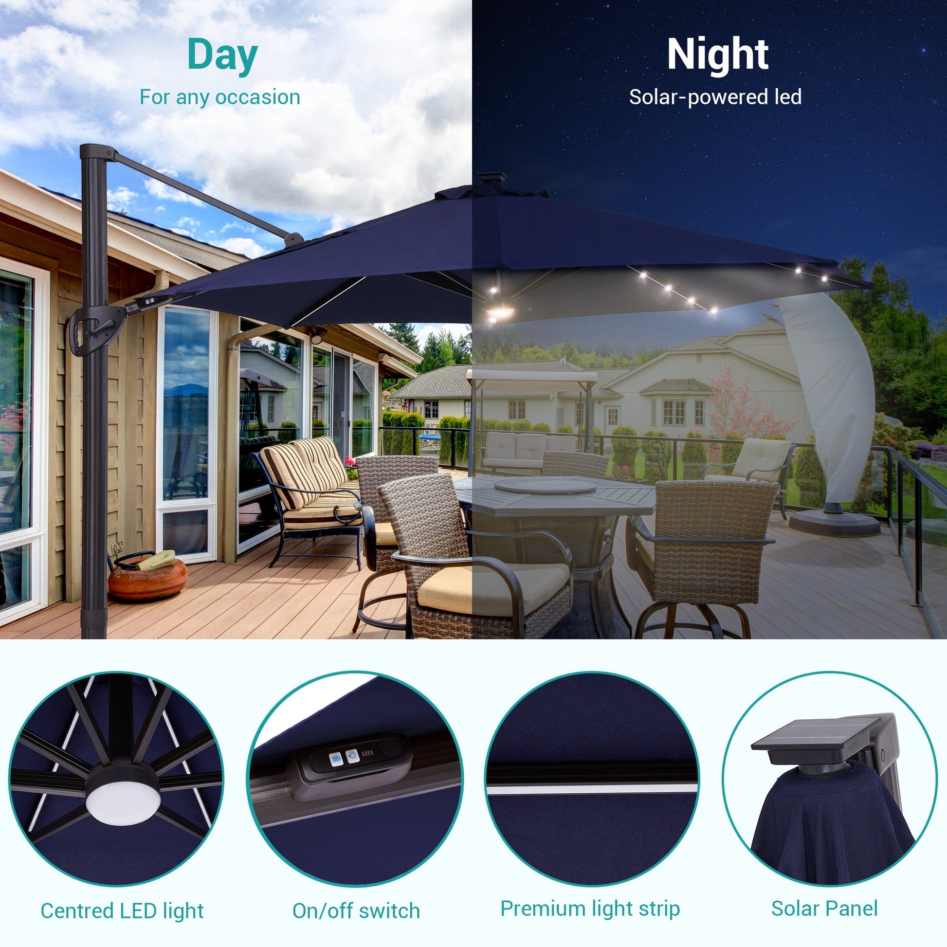 Sonkuki Premium 11FT LED Cantilever Patio Umbrella – Ultimate Outdoor Comfort with 360° Rotation and Infinite Canopy Angle Adjustment - Sonkuki