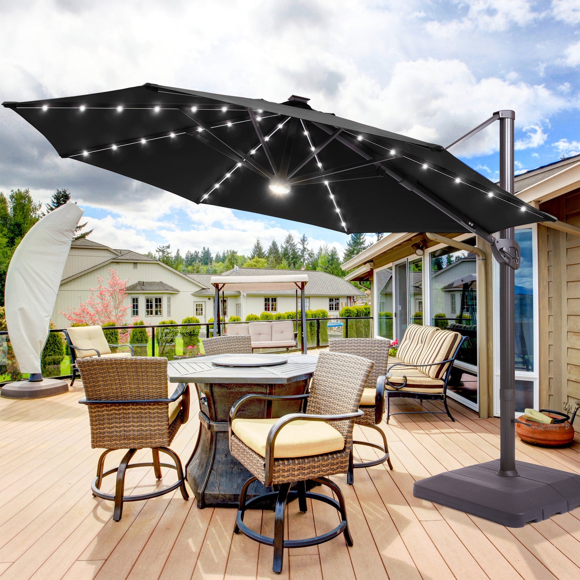Sonkuki Premium 11FT LED Cantilever Patio Umbrella – Ultimate Outdoor Comfort with 360° Rotation and Infinite Canopy Angle Adjustment - Sonkuki