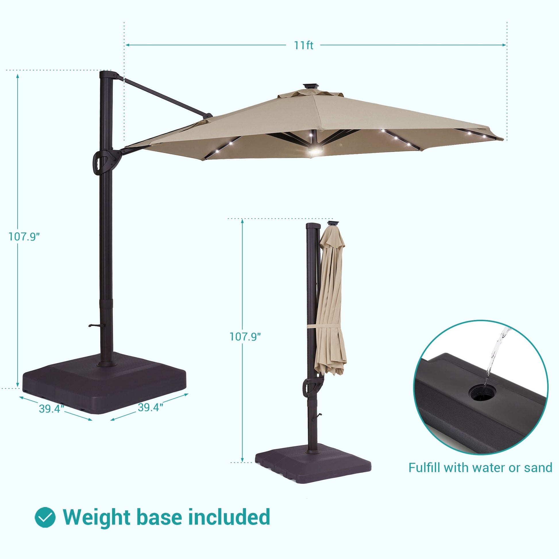 Sonkuki Premium 11FT LED Cantilever Patio Umbrella – Ultimate Outdoor Comfort with 360° Rotation and Infinite Canopy Angle Adjustment - Sonkuki