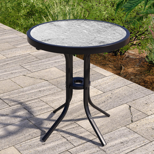 SONKUKI Round Patio Side table with Water Rippled Glass and Powder Coating for Outdoor - Sonkuki