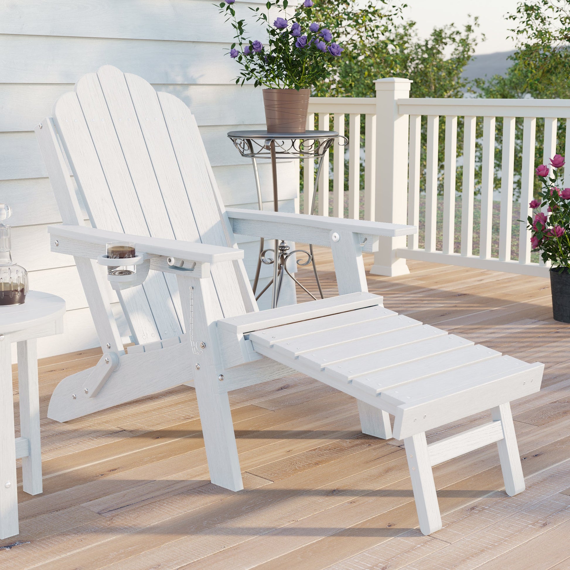 Sonkuki Set of 2 Folding Adirondack Chair with Retractable Ottoman, 3 - Position Adjustable Backrest, Weather Resistant HDPE Patio Chair with Hidden Cup Holder for Lawn, Deck and Garden, 350 lbs Capacity - Sonkuki