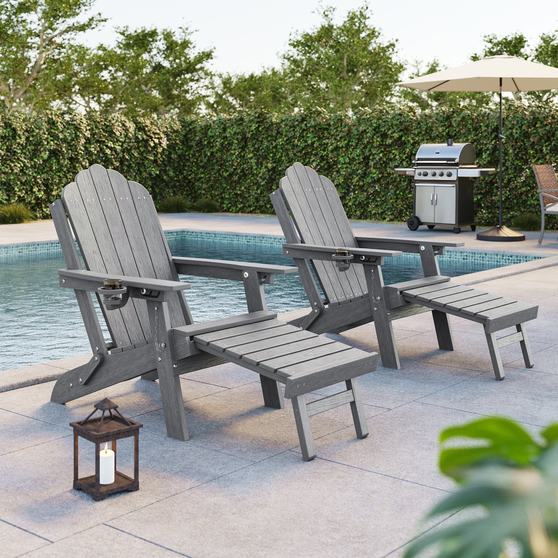 Sonkuki Set of 2 Folding Adirondack Chair with Retractable Ottoman, 3 - Position Adjustable Backrest, Weather Resistant HDPE Patio Chair with Hidden Cup Holder for Lawn, Deck and Garden, 350 lbs Capacity - Sonkuki