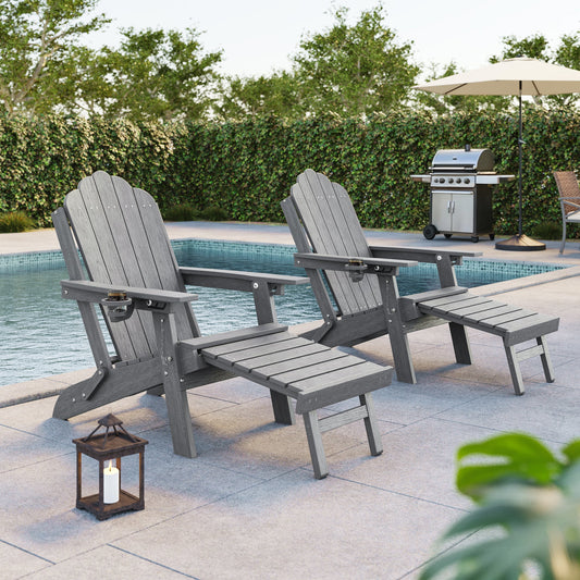 Sonkuki Set of 2 Folding Adirondack Chair with Retractable Ottoman, 3 - Position Adjustable Backrest, Weather Resistant HDPE Patio Chair with Hidden Cup Holder for Lawn, Deck and Garden, 350 lbs Capacity - Sonkuki