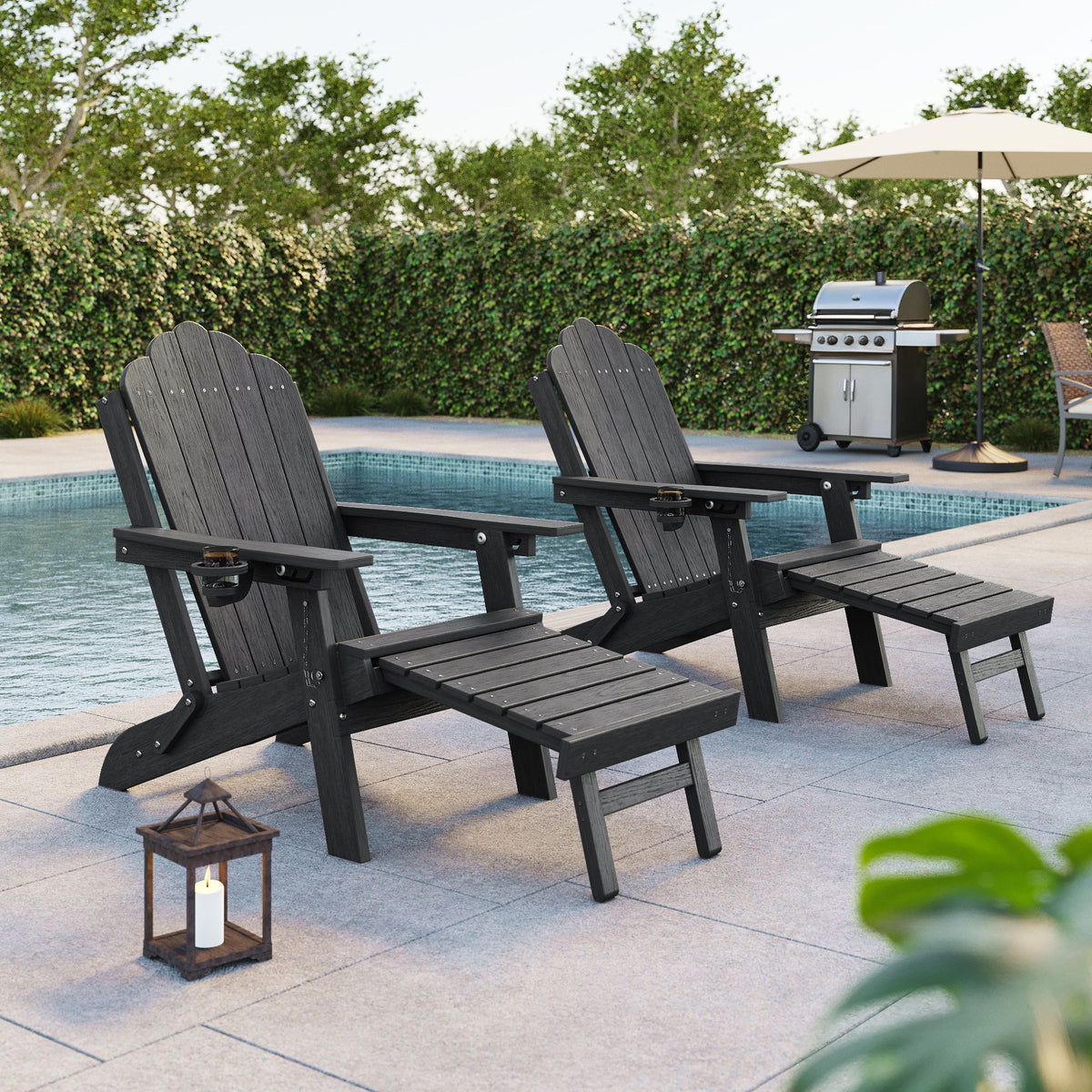 Sonkuki Set of 2 Folding Adirondack Chair with Retractable Ottoman, 3 - Position Adjustable Backrest, Weather Resistant HDPE Patio Chair with Hidden Cup Holder for Lawn, Deck and Garden, 350 lbs Capacity - Sonkuki