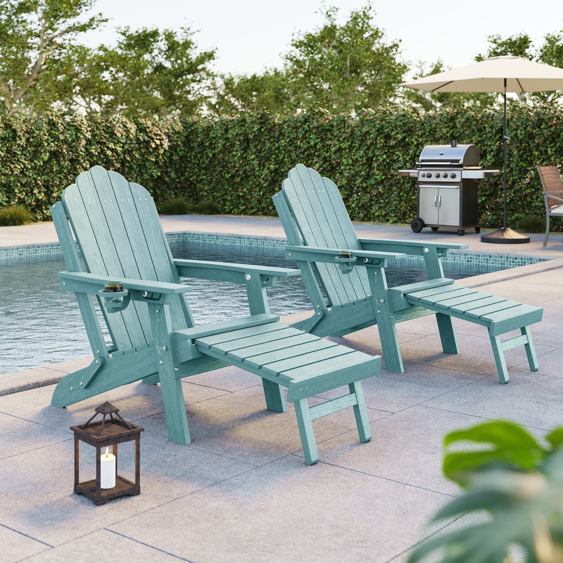 Sonkuki Set of 2 Folding Adirondack Chair with Retractable Ottoman, 3 - Position Adjustable Backrest, Weather Resistant HDPE Patio Chair with Hidden Cup Holder for Lawn, Deck and Garden, 350 lbs Capacity - Sonkuki