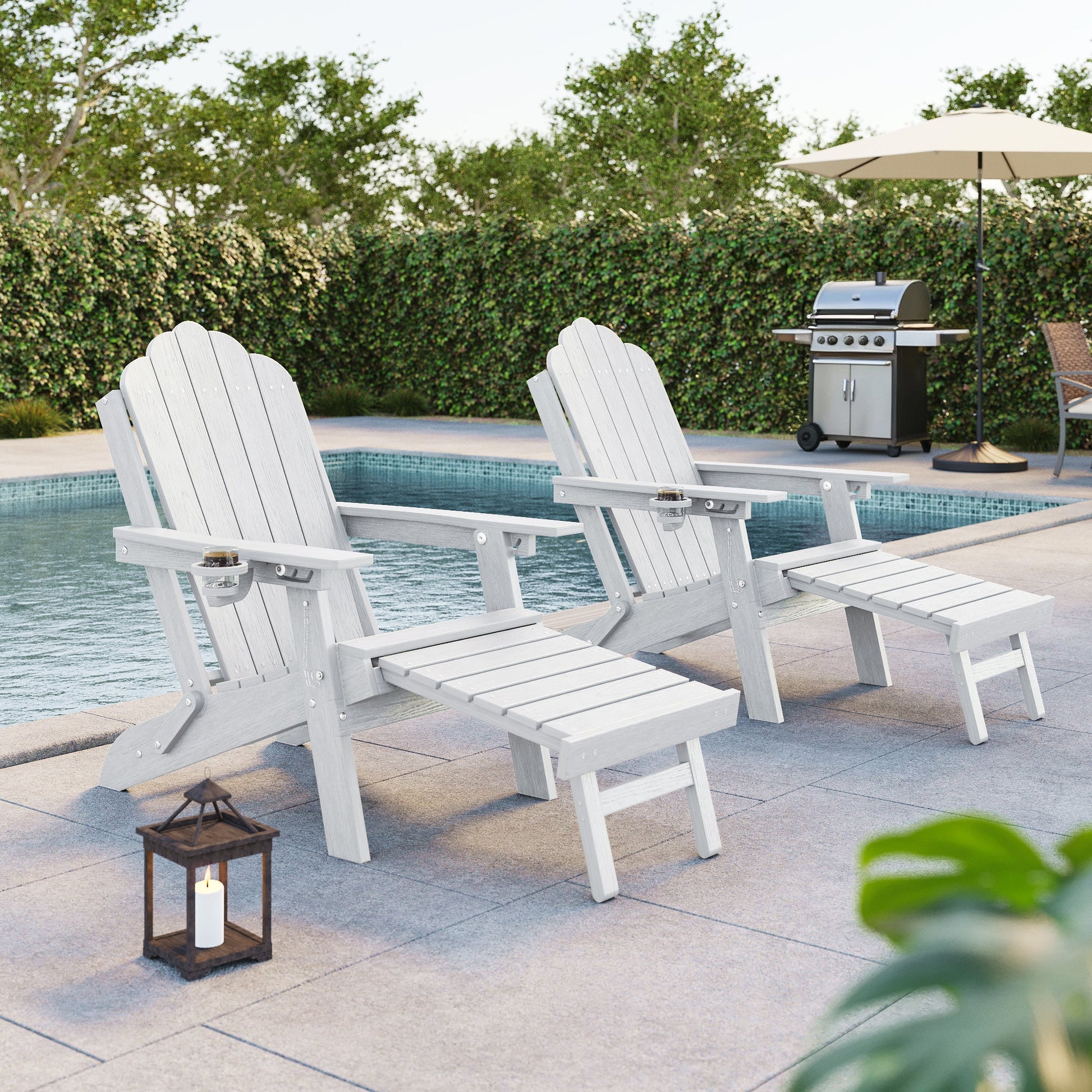 Sonkuki Set of 2 Folding Adirondack Chair with Retractable Ottoman, 3 - Position Adjustable Backrest, Weather Resistant HDPE Patio Chair with Hidden Cup Holder for Lawn, Deck and Garden, 350 lbs Capacity - Sonkuki