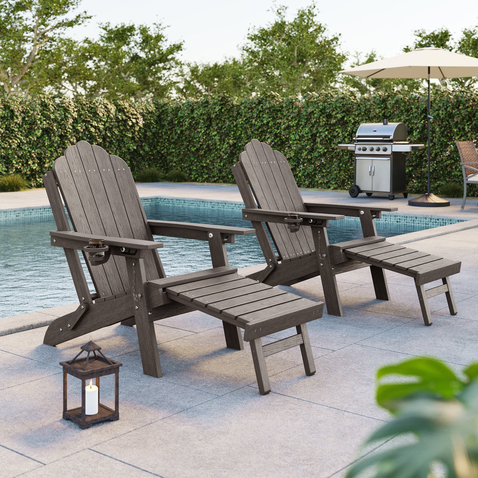 Sonkuki Set of 2 Folding Adirondack Chair with Retractable Ottoman, 3 - Position Adjustable Backrest, Weather Resistant HDPE Patio Chair with Hidden Cup Holder for Lawn, Deck and Garden, 350 lbs Capacity - Sonkuki