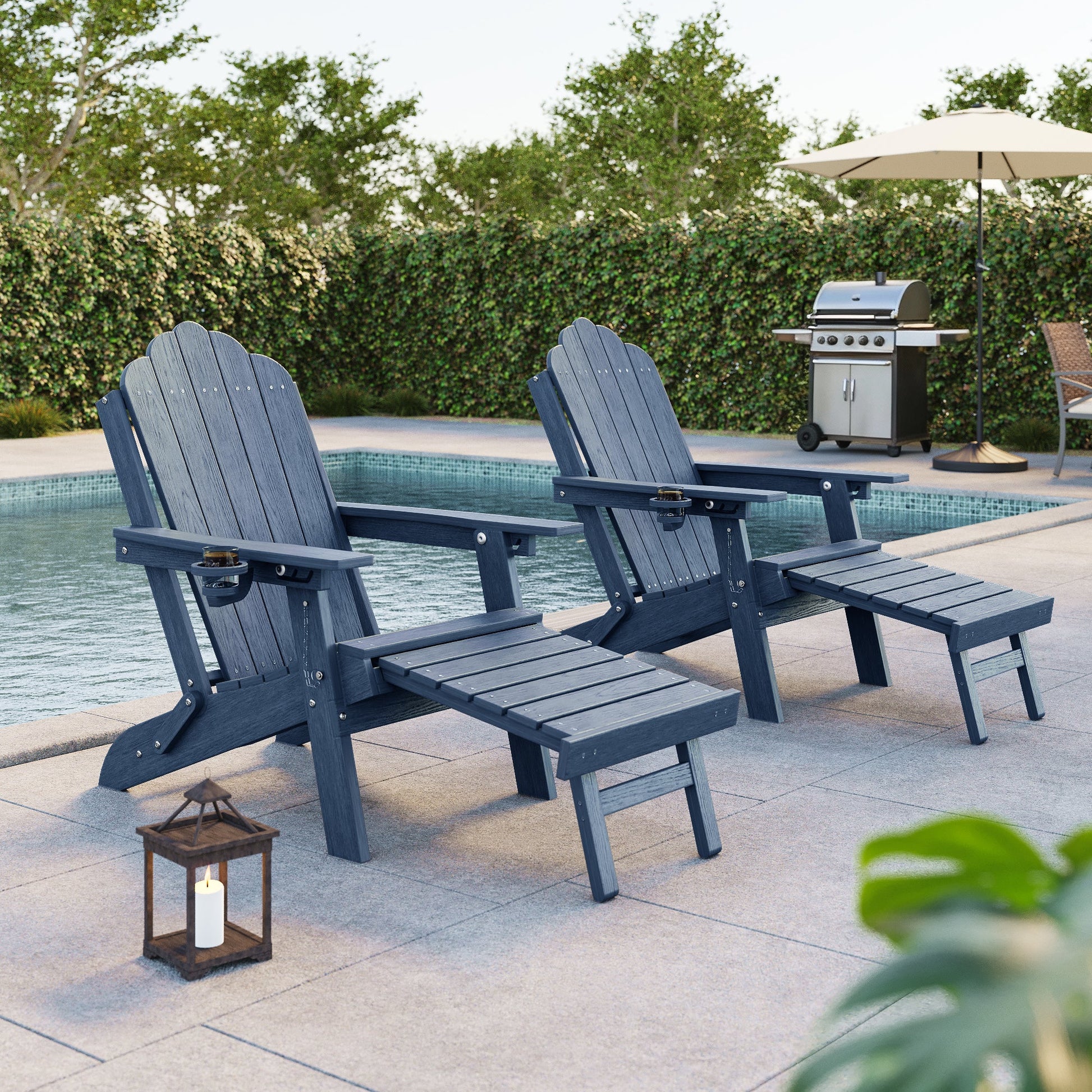 Sonkuki Set of 2 Folding Adirondack Chair with Retractable Ottoman, 3 - Position Adjustable Backrest, Weather Resistant HDPE Patio Chair with Hidden Cup Holder for Lawn, Deck and Garden, 350 lbs Capacity - Sonkuki