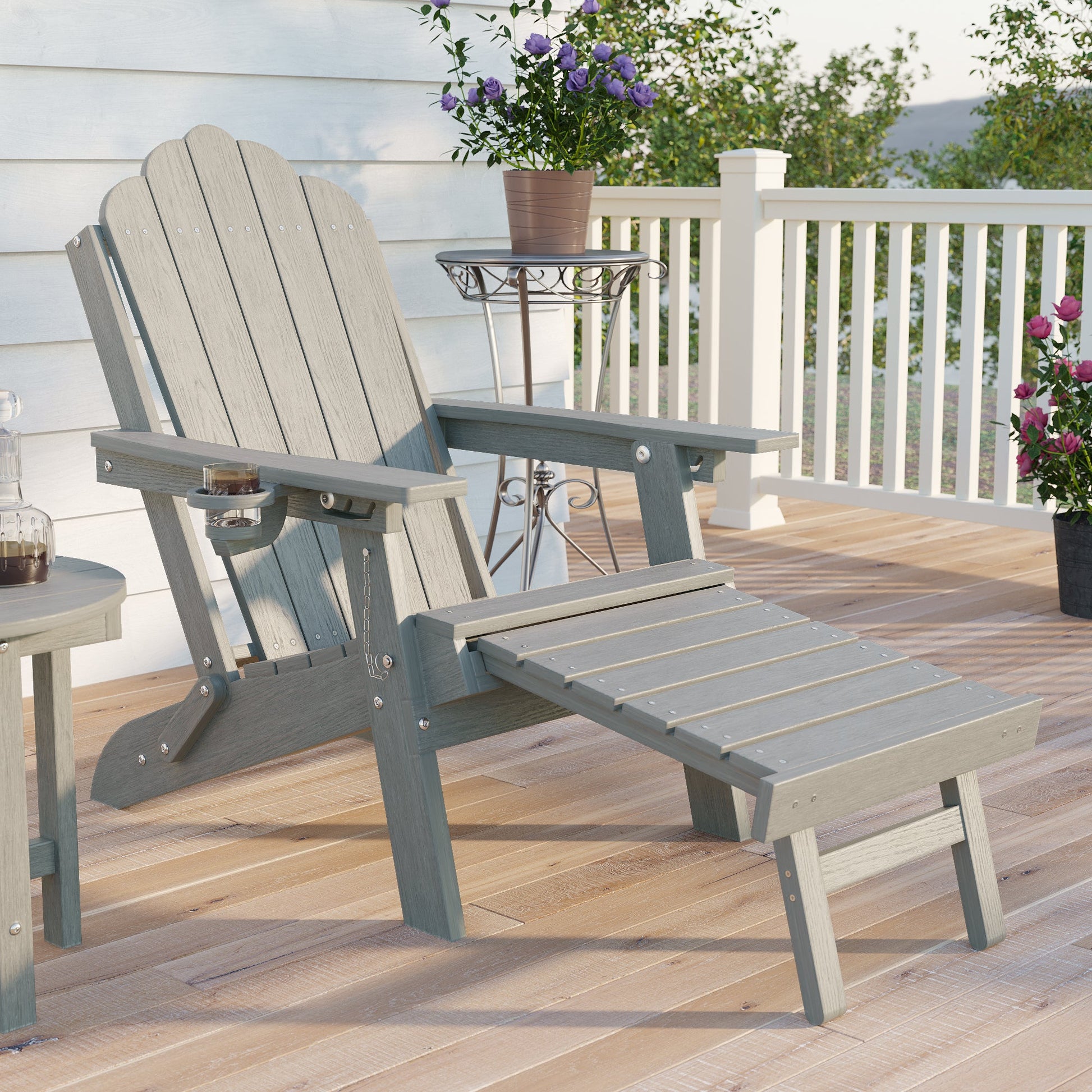 Sonkuki Set of 2 Folding Adirondack Chair with Retractable Ottoman, 3 - Position Adjustable Backrest, Weather Resistant HDPE Patio Chair with Hidden Cup Holder for Lawn, Deck and Garden, 350 lbs Capacity - Sonkuki