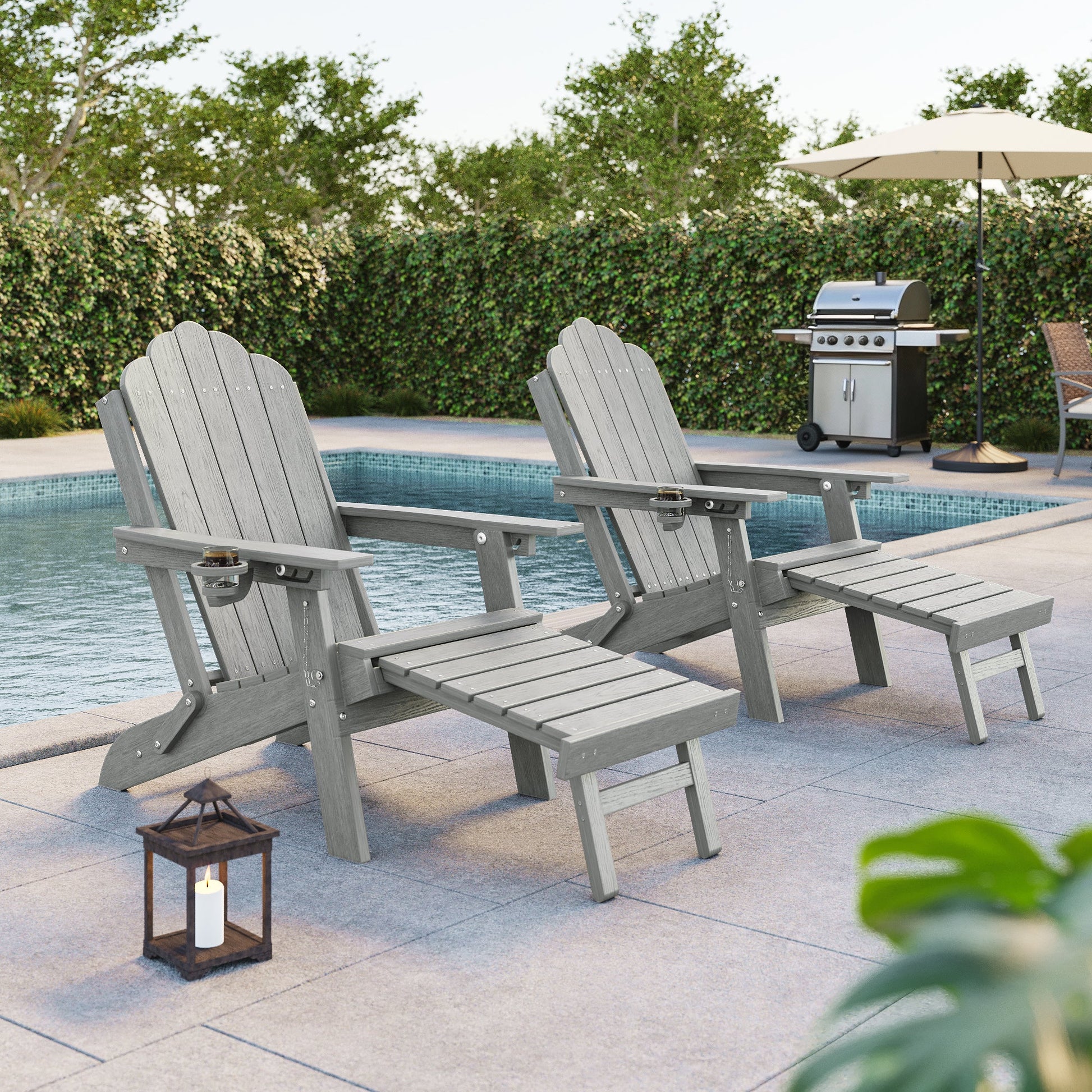 Sonkuki Set of 2 Folding Adirondack Chair with Retractable Ottoman, 3 - Position Adjustable Backrest, Weather Resistant HDPE Patio Chair with Hidden Cup Holder for Lawn, Deck and Garden, 350 lbs Capacity - Sonkuki