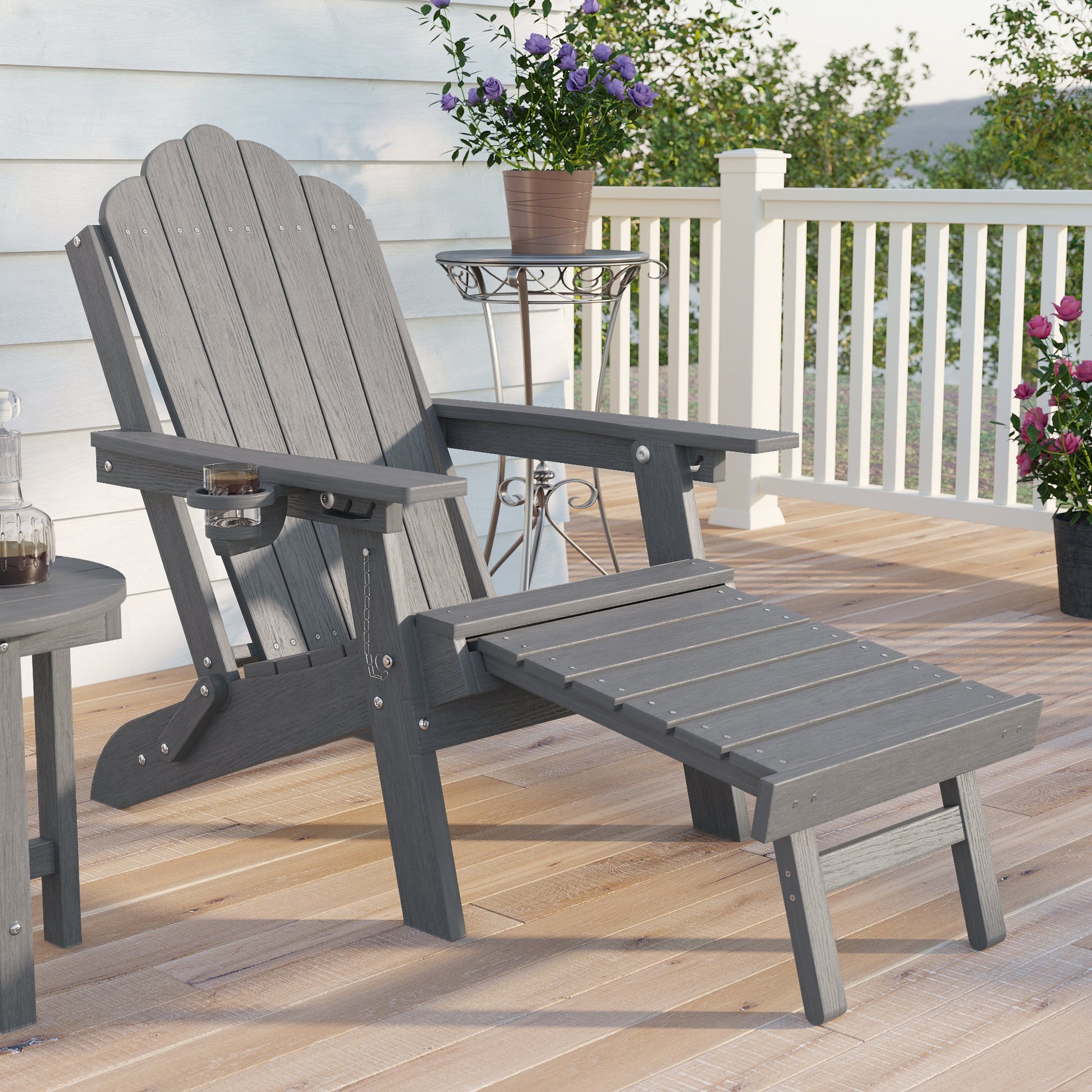 Sonkuki Set of 2 Folding Adirondack Chair with Retractable Ottoman, 3 - Position Adjustable Backrest, Weather Resistant HDPE Patio Chair with Hidden Cup Holder for Lawn, Deck and Garden, 350 lbs Capacity - Sonkuki