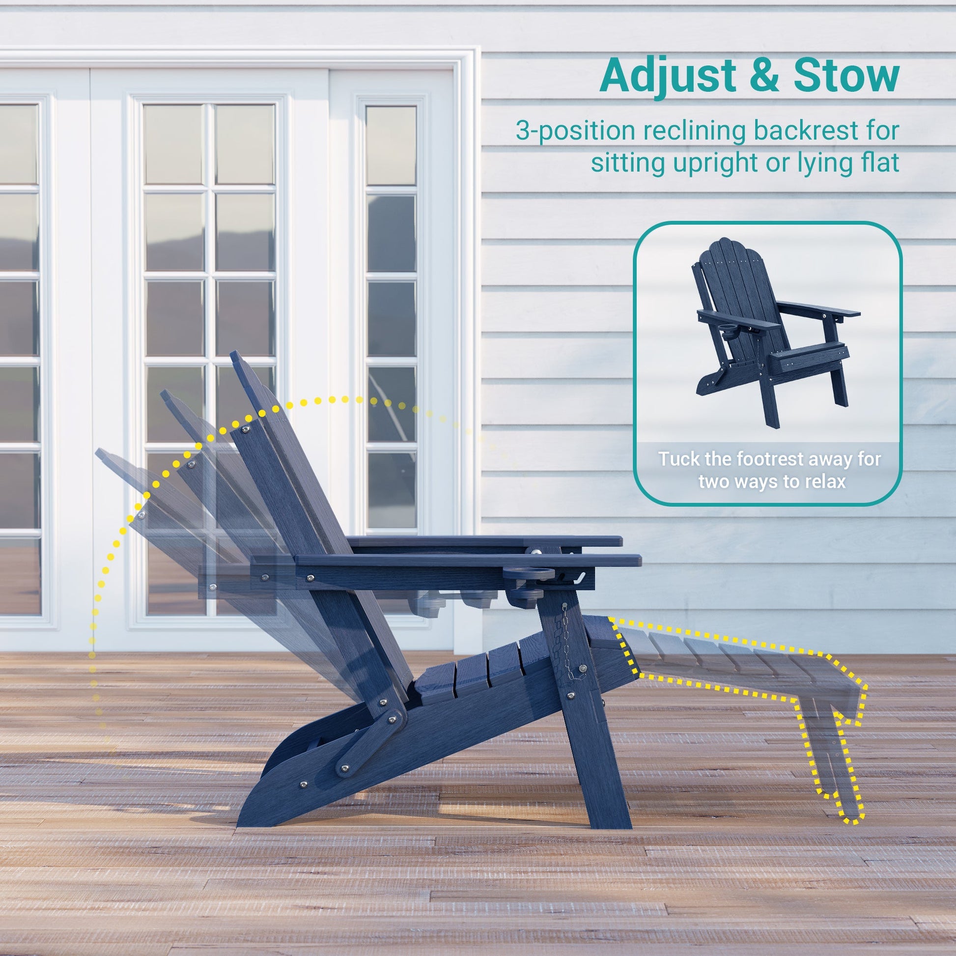 Sonkuki Set of 4 Folding Adirondack Chair with Retractable Ottoman, 3 - Position Adjustable Backrest, Weather Resistant HDPE Patio Chair with Hidden Cup Holder for Lawn, Deck and Garden, 350 lbs Capacity - Sonkuki