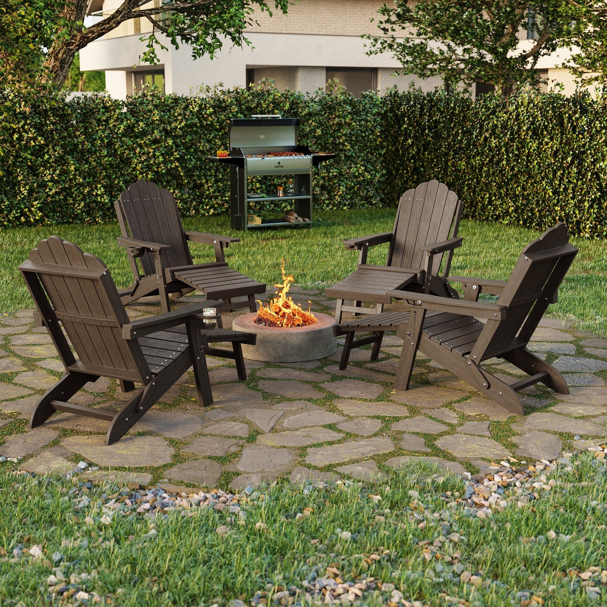 Sonkuki Set of 4 Folding Adirondack Chair with Retractable Ottoman, 3 - Position Adjustable Backrest, Weather Resistant HDPE Patio Chair with Hidden Cup Holder for Lawn, Deck and Garden, 350 lbs Capacity - Sonkuki