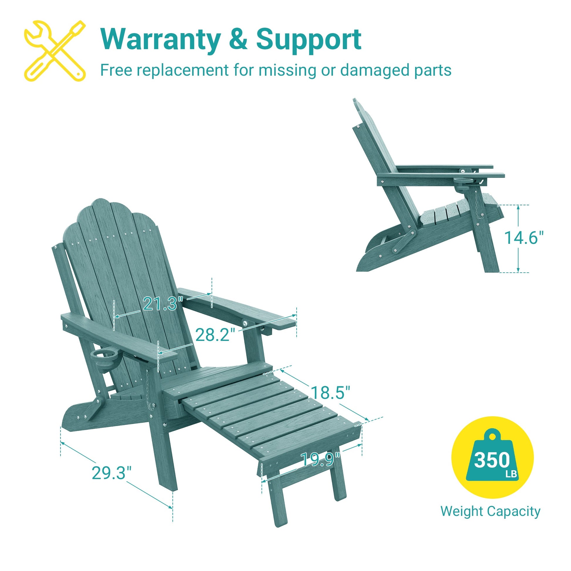 Sonkuki Set of 4 Folding Adirondack Chair with Retractable Ottoman, 3 - Position Adjustable Backrest, Weather Resistant HDPE Patio Chair with Hidden Cup Holder for Lawn, Deck and Garden, 350 lbs Capacity - Sonkuki