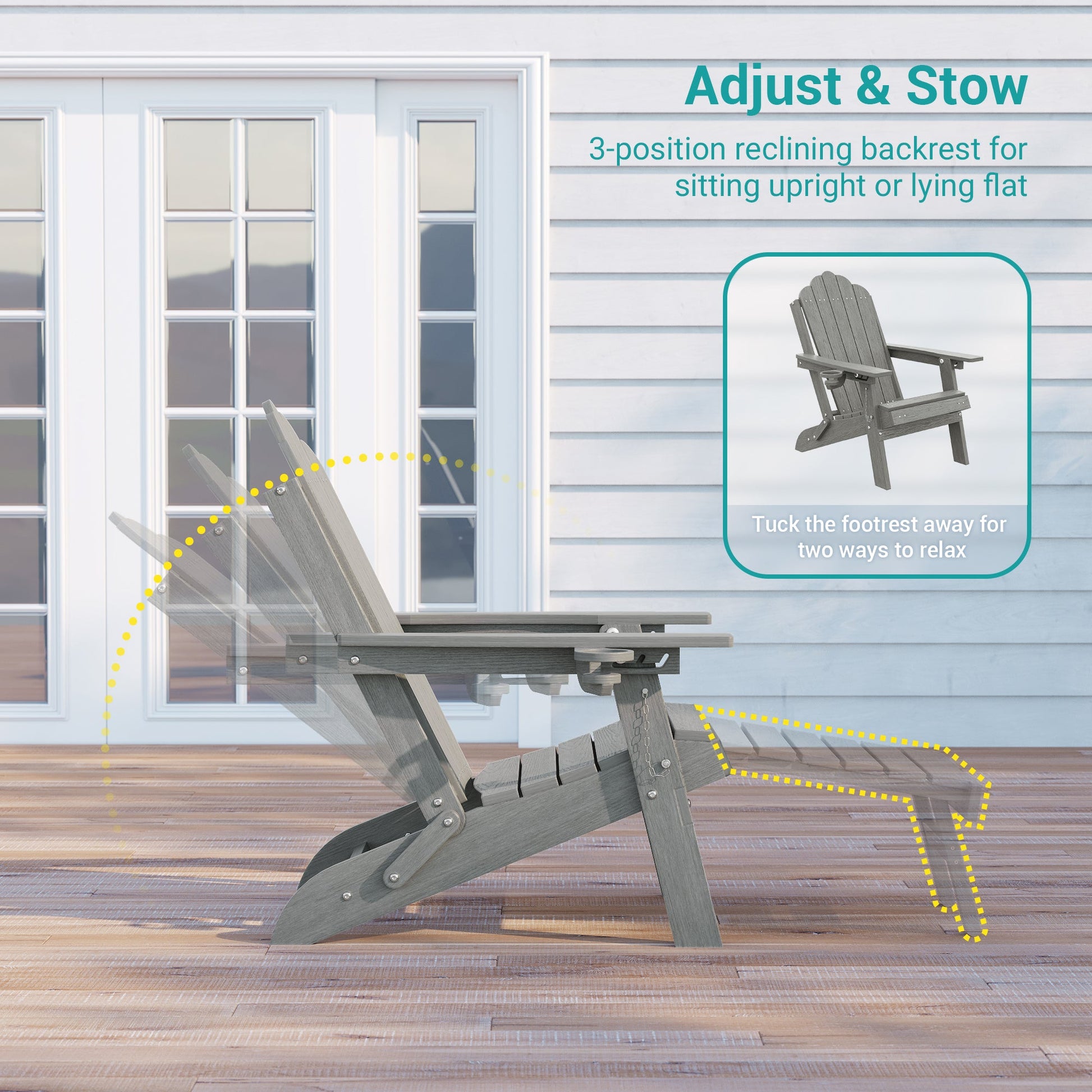 Sonkuki Set of 4 Folding Adirondack Chair with Retractable Ottoman, 3 - Position Adjustable Backrest, Weather Resistant HDPE Patio Chair with Hidden Cup Holder for Lawn, Deck and Garden, 350 lbs Capacity - Sonkuki