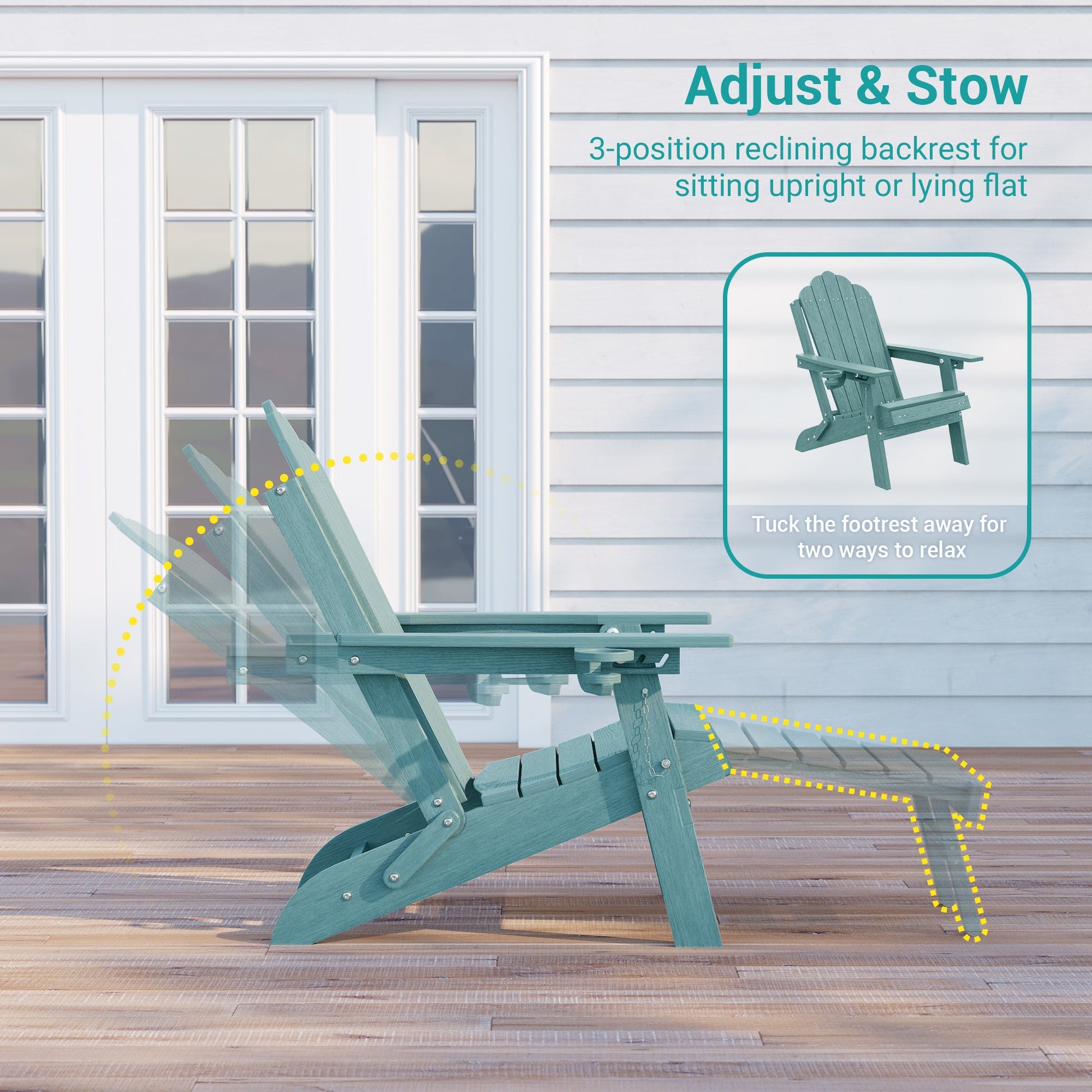 Sonkuki Set of 4 Folding Adirondack Chair with Retractable Ottoman, 3 - Position Adjustable Backrest, Weather Resistant HDPE Patio Chair with Hidden Cup Holder for Lawn, Deck and Garden, 350 lbs Capacity - Sonkuki