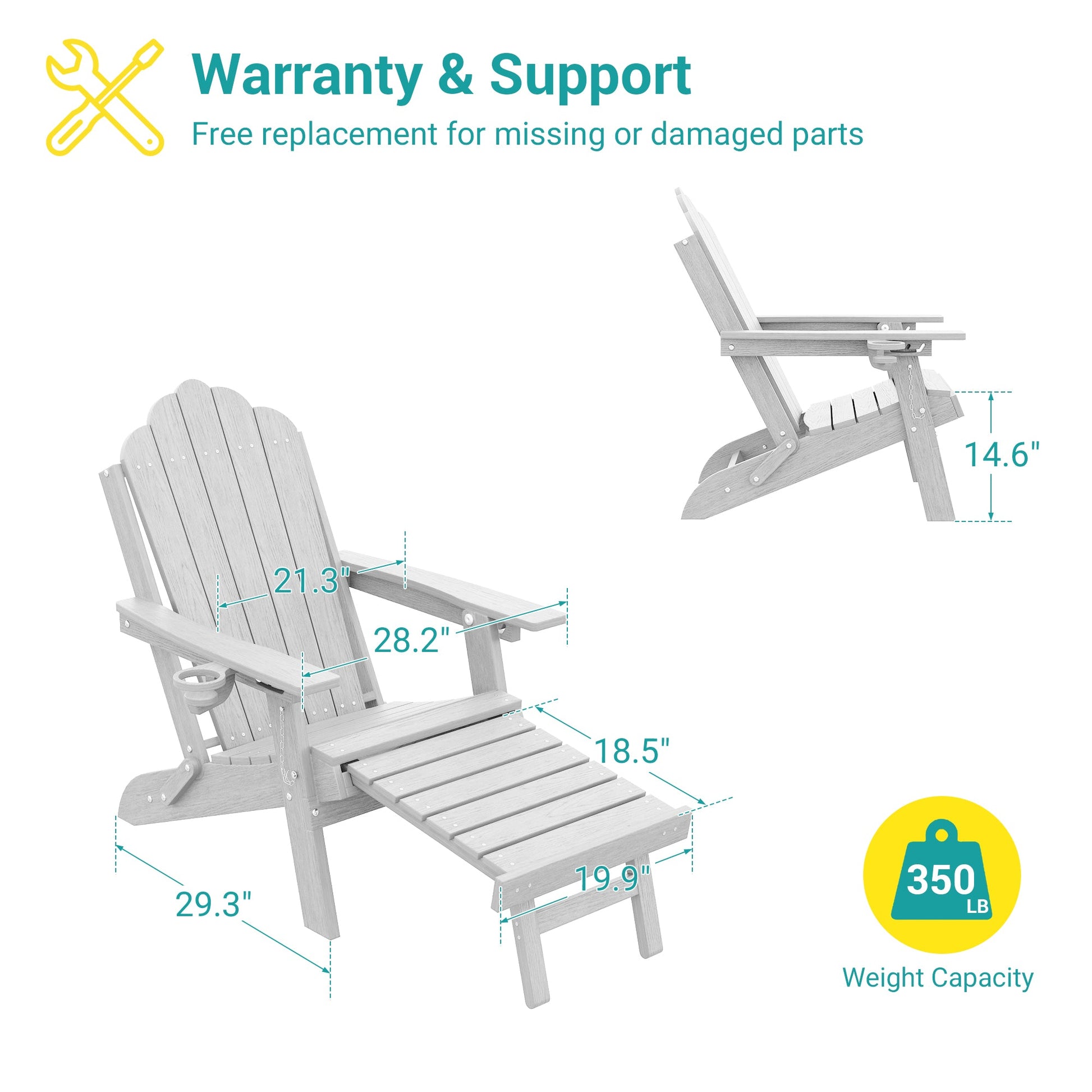 Sonkuki Set of 4 Folding Adirondack Chair with Retractable Ottoman, 3 - Position Adjustable Backrest, Weather Resistant HDPE Patio Chair with Hidden Cup Holder for Lawn, Deck and Garden, 350 lbs Capacity - Sonkuki