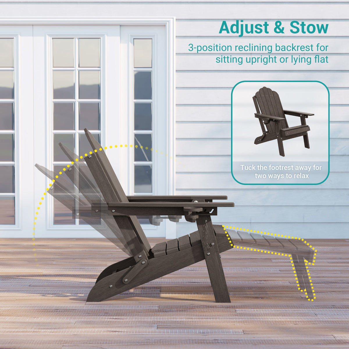 Sonkuki Set of 4 Folding Adirondack Chair with Retractable Ottoman, 3 - Position Adjustable Backrest, Weather Resistant HDPE Patio Chair with Hidden Cup Holder for Lawn, Deck and Garden, 350 lbs Capacity - Sonkuki