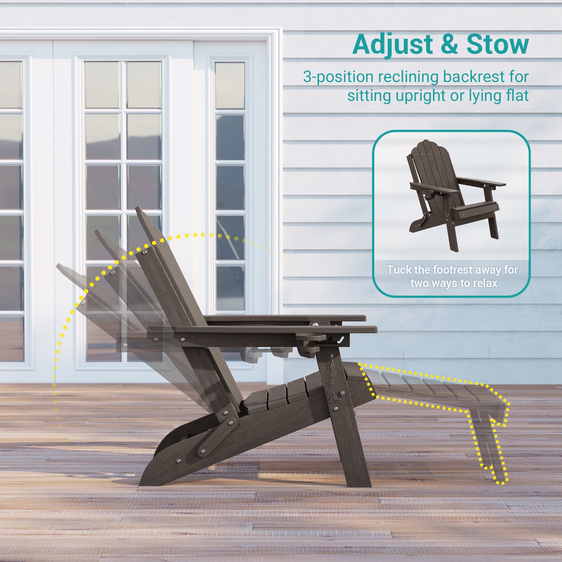 Sonkuki Set of 4 Folding Adirondack Chair with Retractable Ottoman, 3 - Position Adjustable Backrest, Weather Resistant HDPE Patio Chair with Hidden Cup Holder for Lawn, Deck and Garden, 350 lbs Capacity - Sonkuki