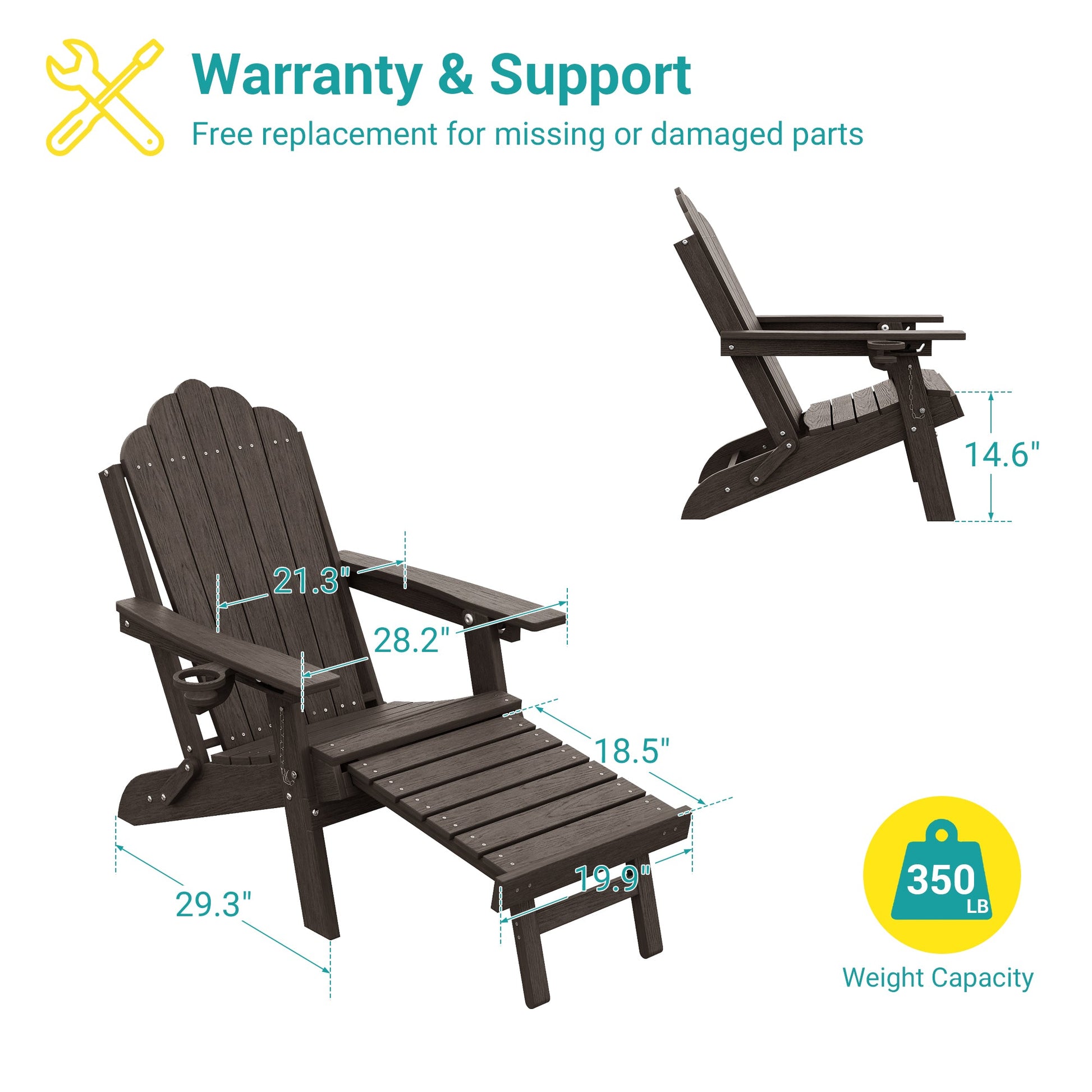 Sonkuki Set of 4 Folding Adirondack Chair with Retractable Ottoman, 3 - Position Adjustable Backrest, Weather Resistant HDPE Patio Chair with Hidden Cup Holder for Lawn, Deck and Garden, 350 lbs Capacity - Sonkuki