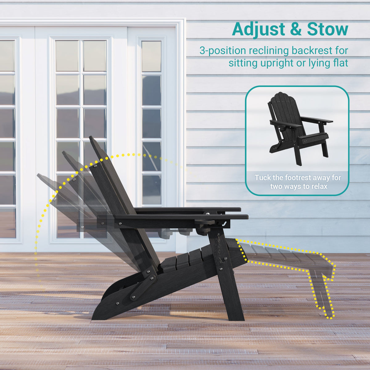 Sonkuki Set of 4 Folding Adirondack Chair with Retractable Ottoman, 3 - Position Adjustable Backrest, Weather Resistant HDPE Patio Chair with Hidden Cup Holder for Lawn, Deck and Garden, 350 lbs Capacity - Sonkuki