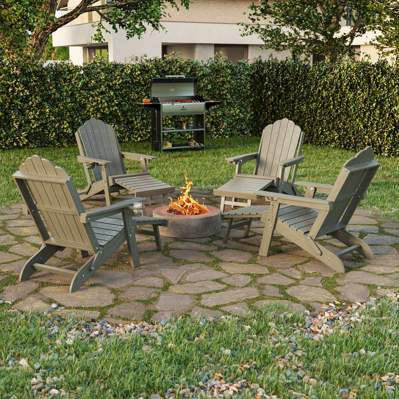 Sonkuki Set of 4 Folding Adirondack Chair with Retractable Ottoman, 3 - Position Adjustable Backrest, Weather Resistant HDPE Patio Chair with Hidden Cup Holder for Lawn, Deck and Garden, 350 lbs Capacity - Sonkuki