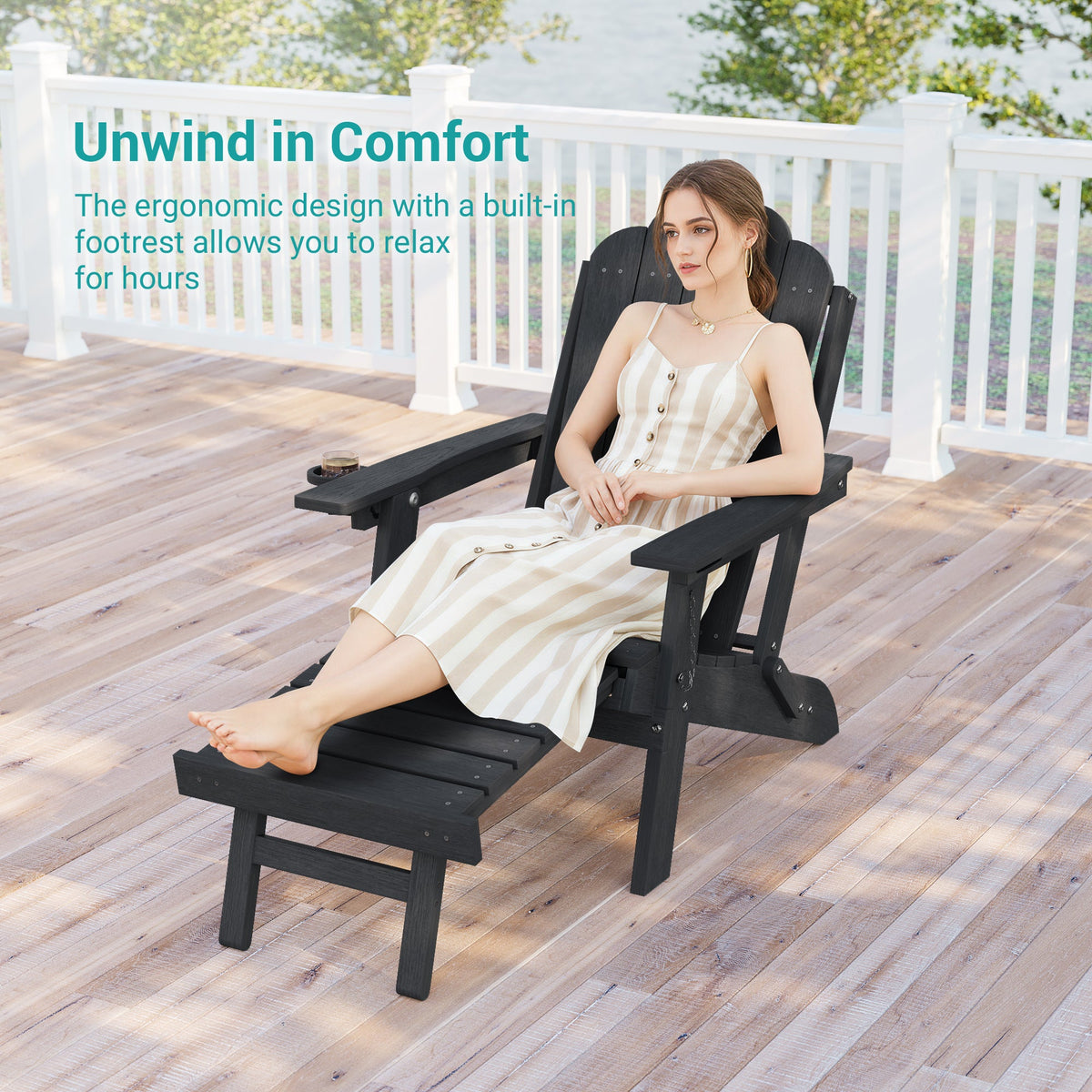 Sonkuki Set of 4 Folding Adirondack Chair with Retractable Ottoman, 3 - Position Adjustable Backrest, Weather Resistant HDPE Patio Chair with Hidden Cup Holder for Lawn, Deck and Garden, 350 lbs Capacity - Sonkuki