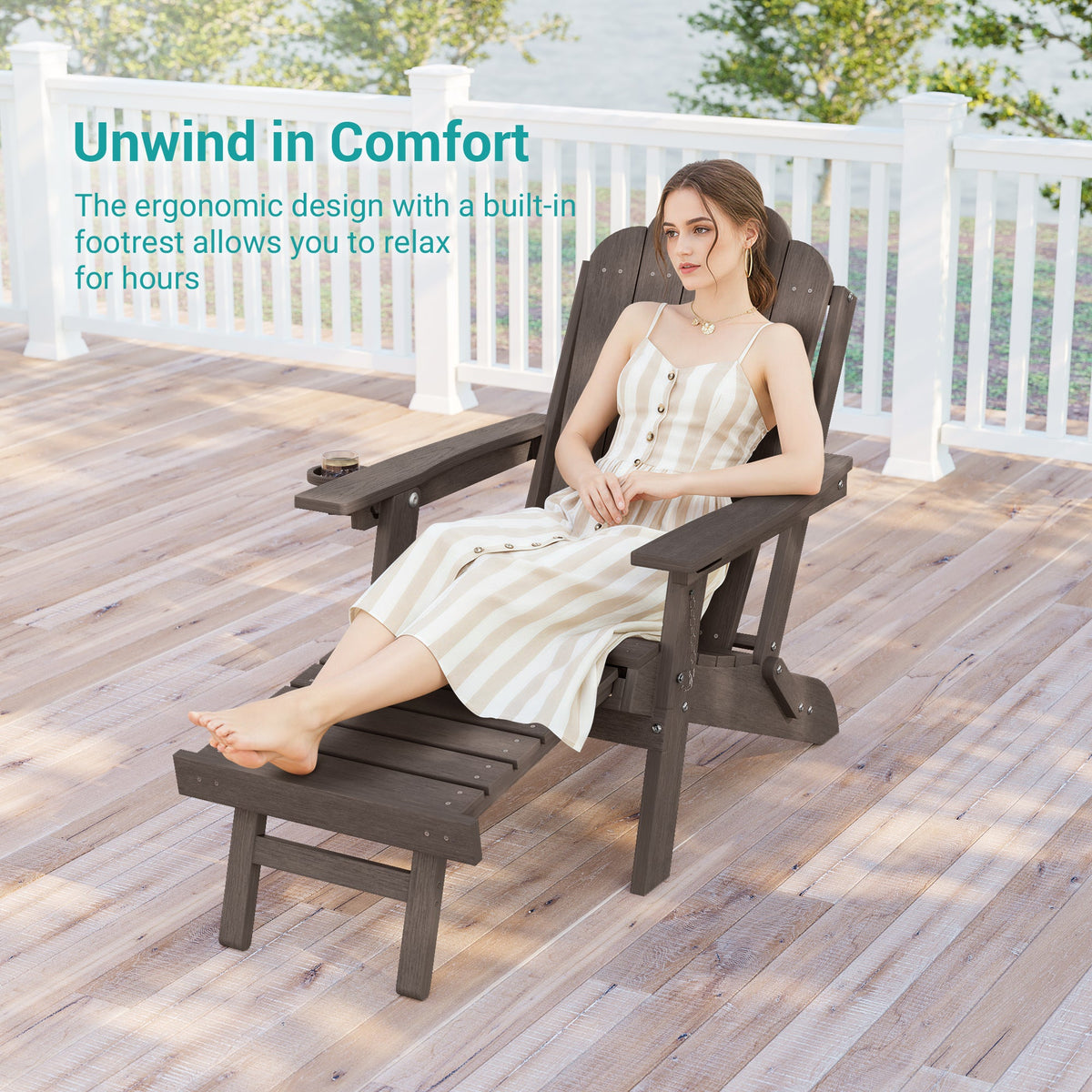 Sonkuki Set of 4 Folding Adirondack Chair with Retractable Ottoman, 3 - Position Adjustable Backrest, Weather Resistant HDPE Patio Chair with Hidden Cup Holder for Lawn, Deck and Garden, 350 lbs Capacity - Sonkuki